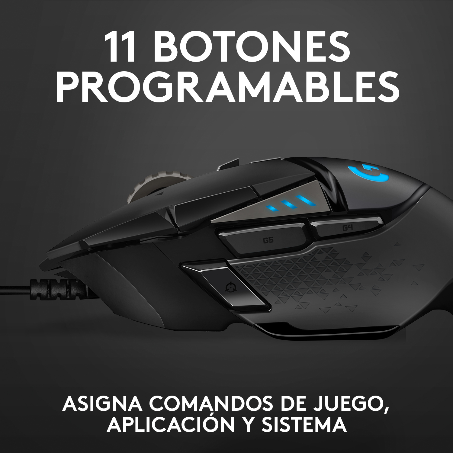 Ratón gaming negro con luces y botones azules, con la frase '11 BOTONES PROGRAMABLES'.