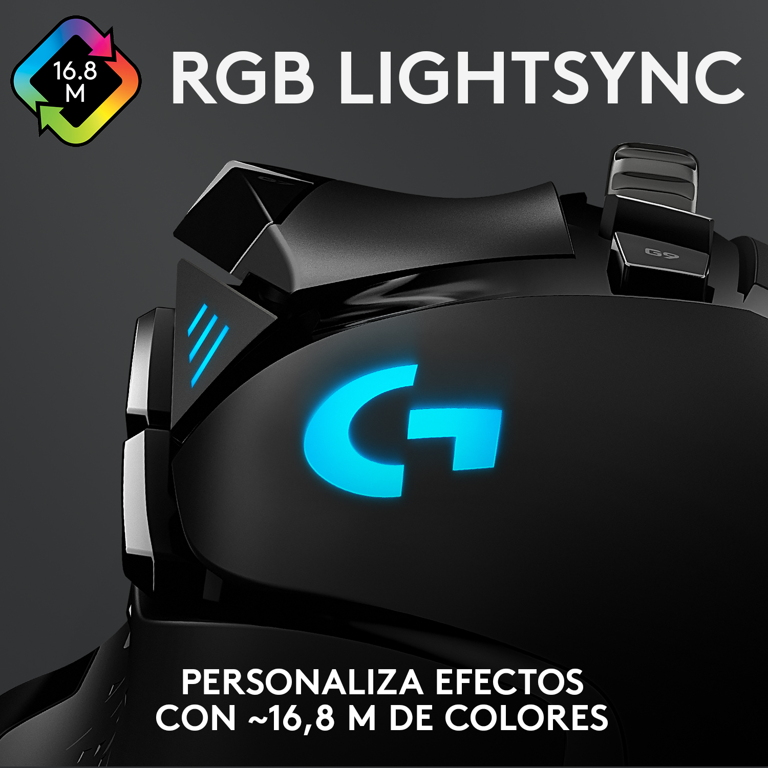Ratón gaming negro, iluminado, con logo G azul y texto RGB Lightsync.