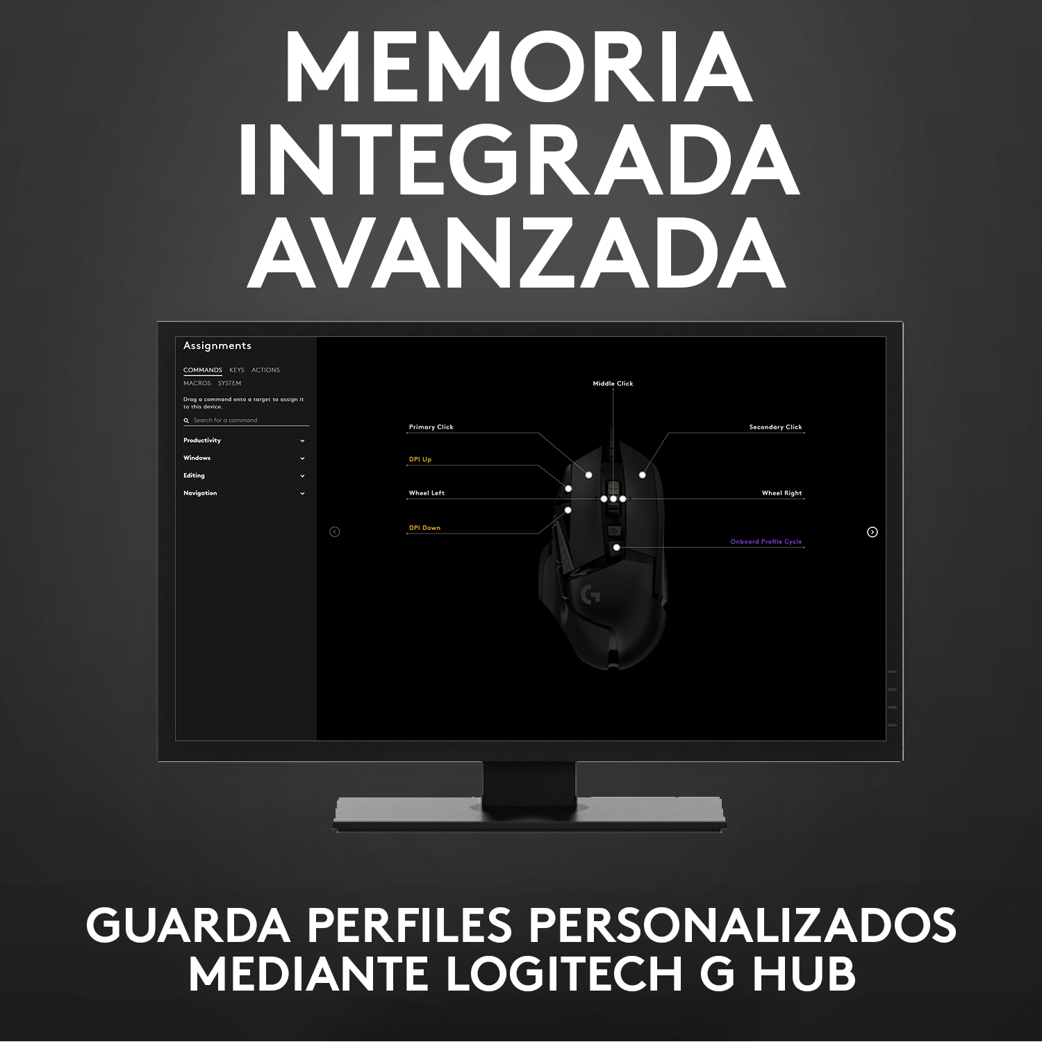 Pantalla que muestra la personalización del ratón Logitech. El ratón está debajo.