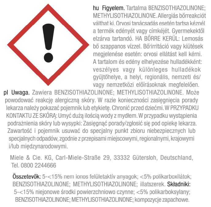 Figyelmeztető szimbólum német és lengyel nyelvű szöveggel. Allergén információt tartalmaz.