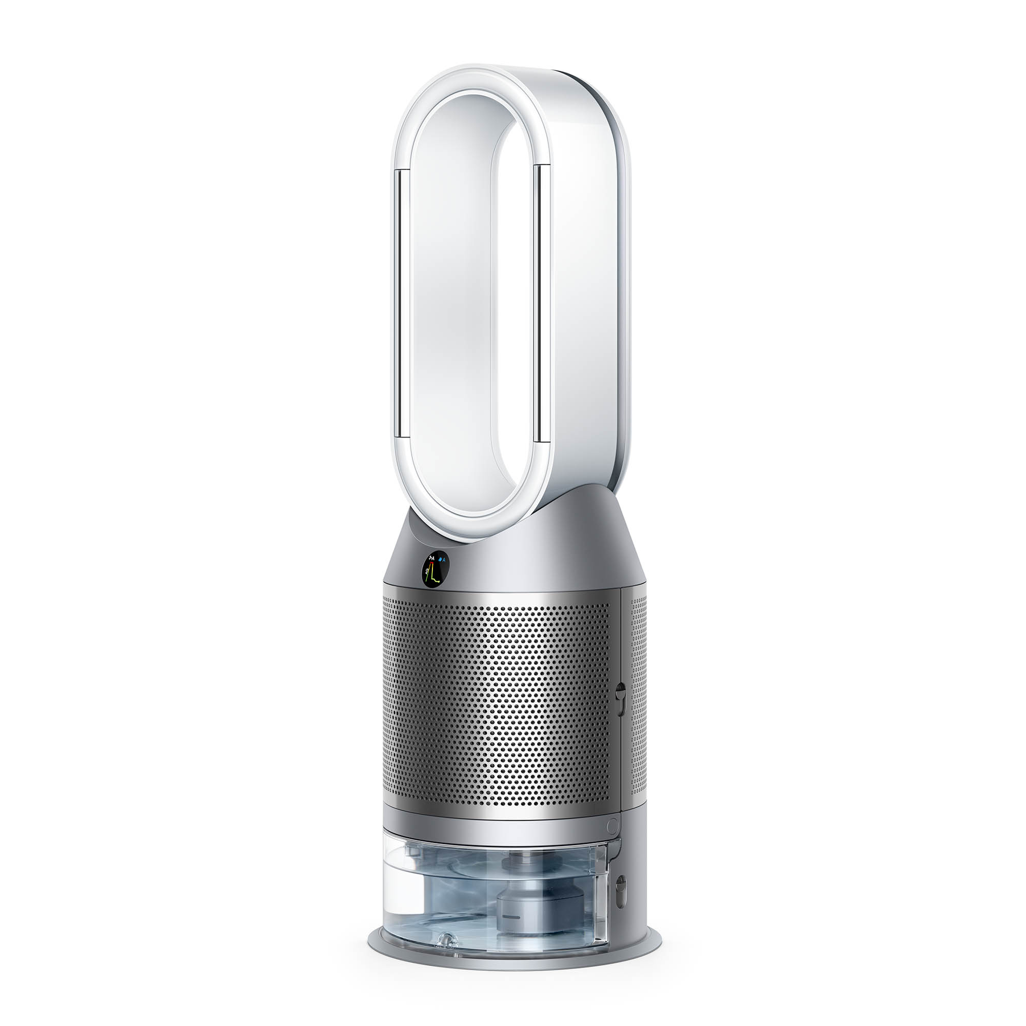 Gümüş ve beyaz Dyson fanı. Eşsiz bir oval şekle sahip. Taban gümüş rengi.