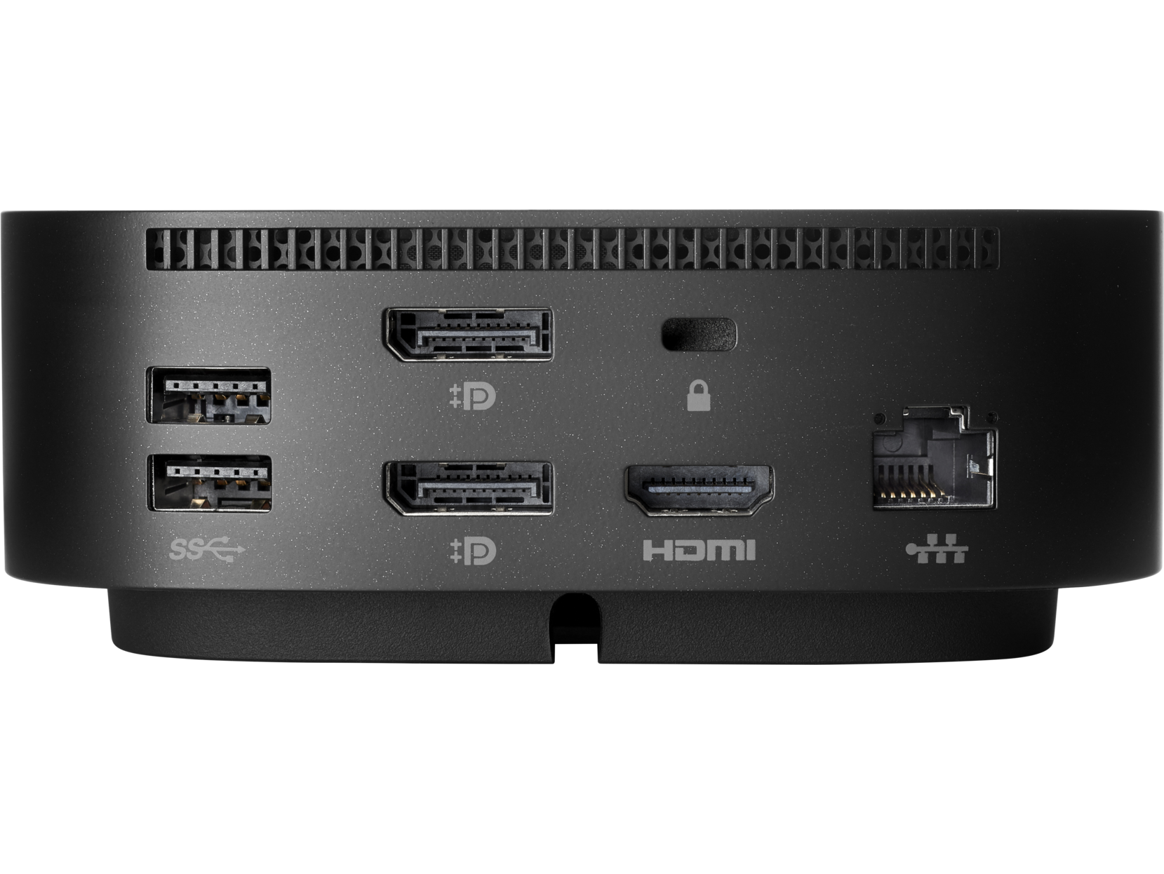 Concentrador de computadora negro con puertos. Incluye USB, HDMI y DisplayPort.