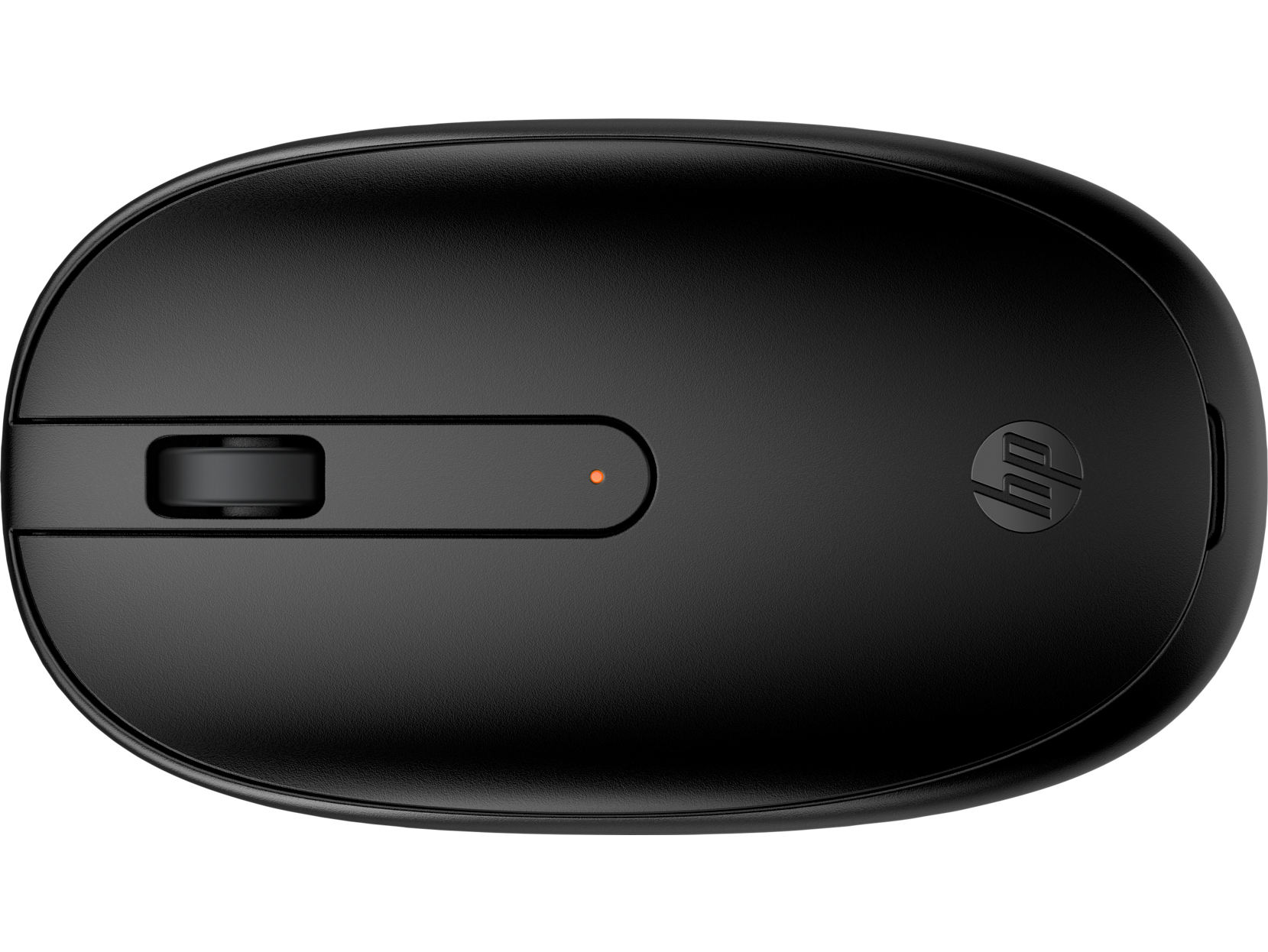 Ratón HP negro con rueda de desplazamiento y logotipo, vista superior.
