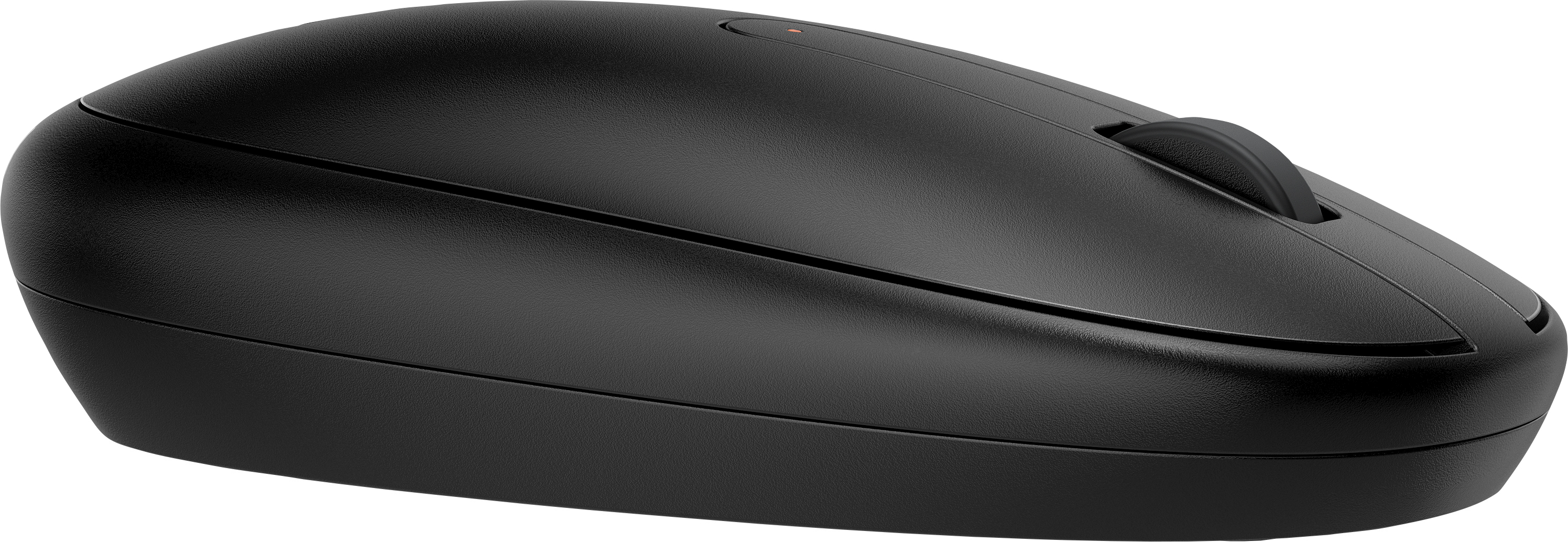 Ratón de ordenador negro, con rueda de desplazamiento y diseño elegante. Vista superior.
