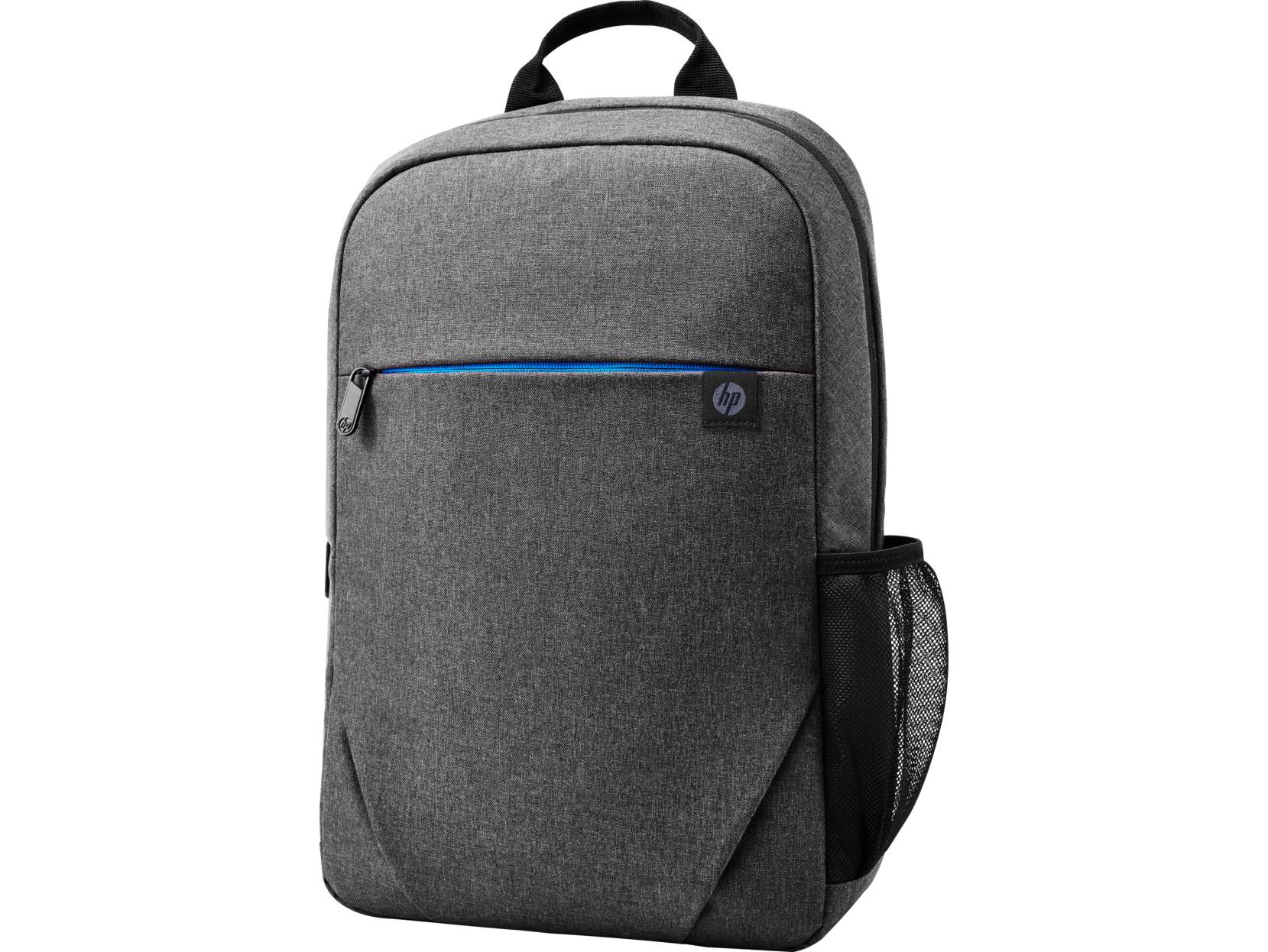 Mochila gris HP con cremallera azul, asa negra y bolsillo lateral de malla, sobre fondo negro.