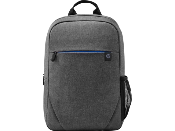 Mochila HP gris con cremallera negra y bolsillo azul.