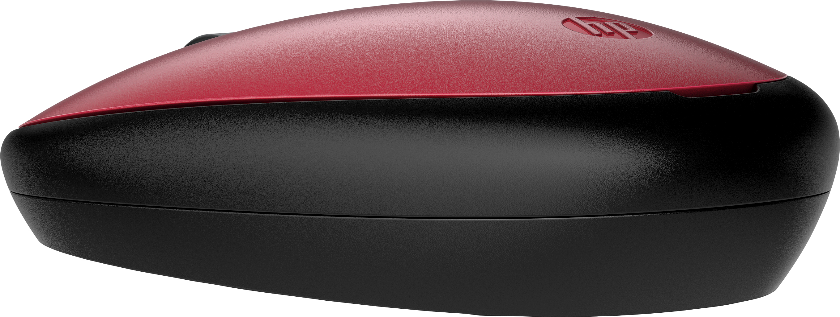 Ratón inalámbrico rojo y negro. Logotipo de HP en la parte superior. Forma redondeada.