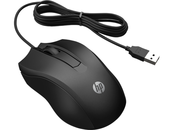 Un ratón HP negro con un cable USB. Tiene un logotipo en la parte superior.