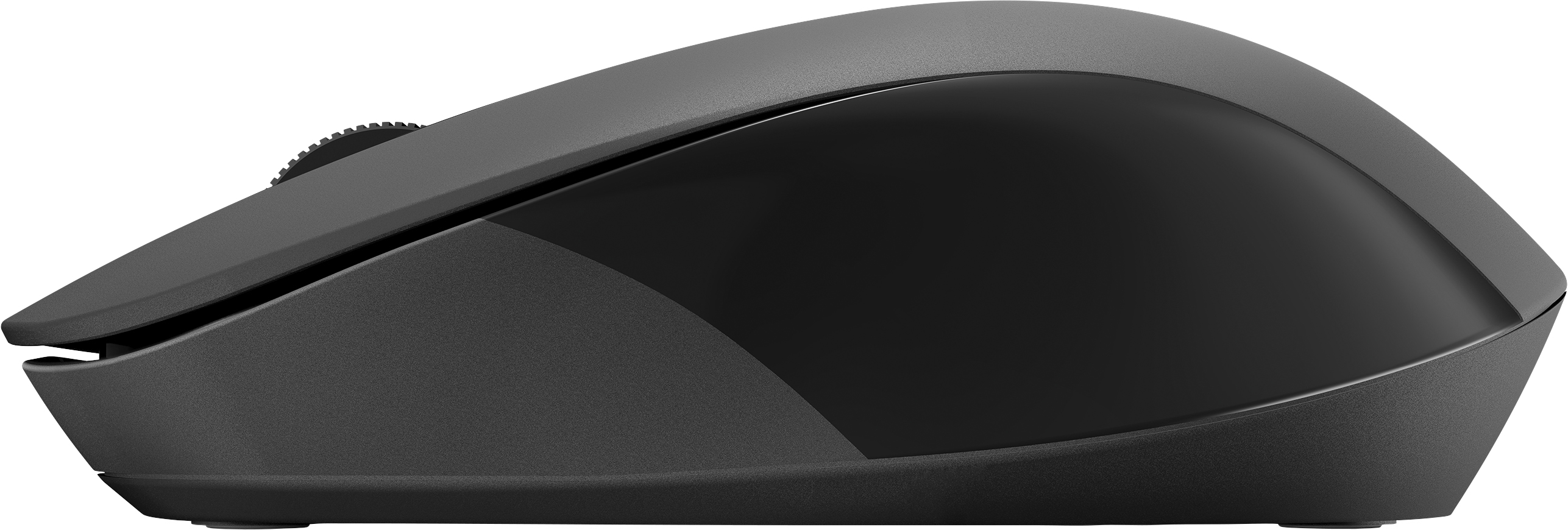 Ratón de ordenador negro, vista lateral. Tiene una rueda de desplazamiento y dos botones.