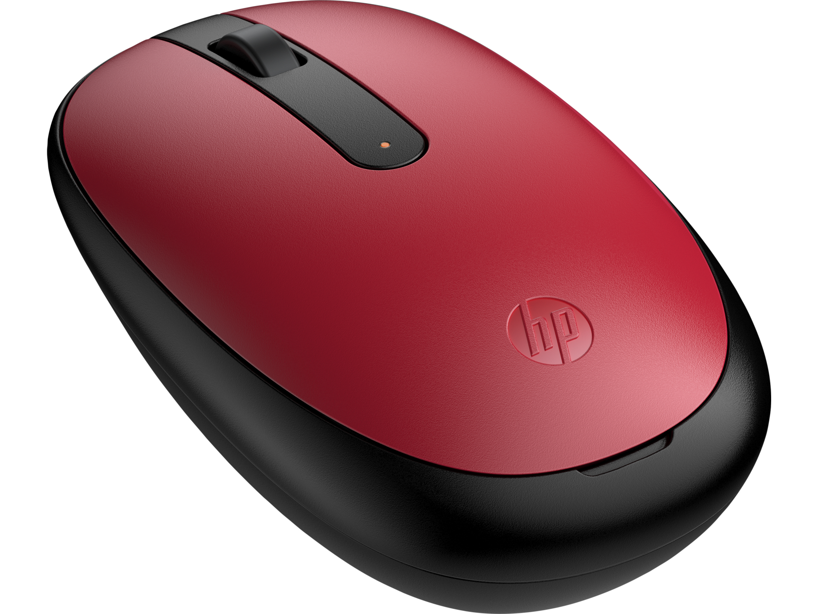 Un ratón inalámbrico HP rojo y negro sobre un fondo oscuro.