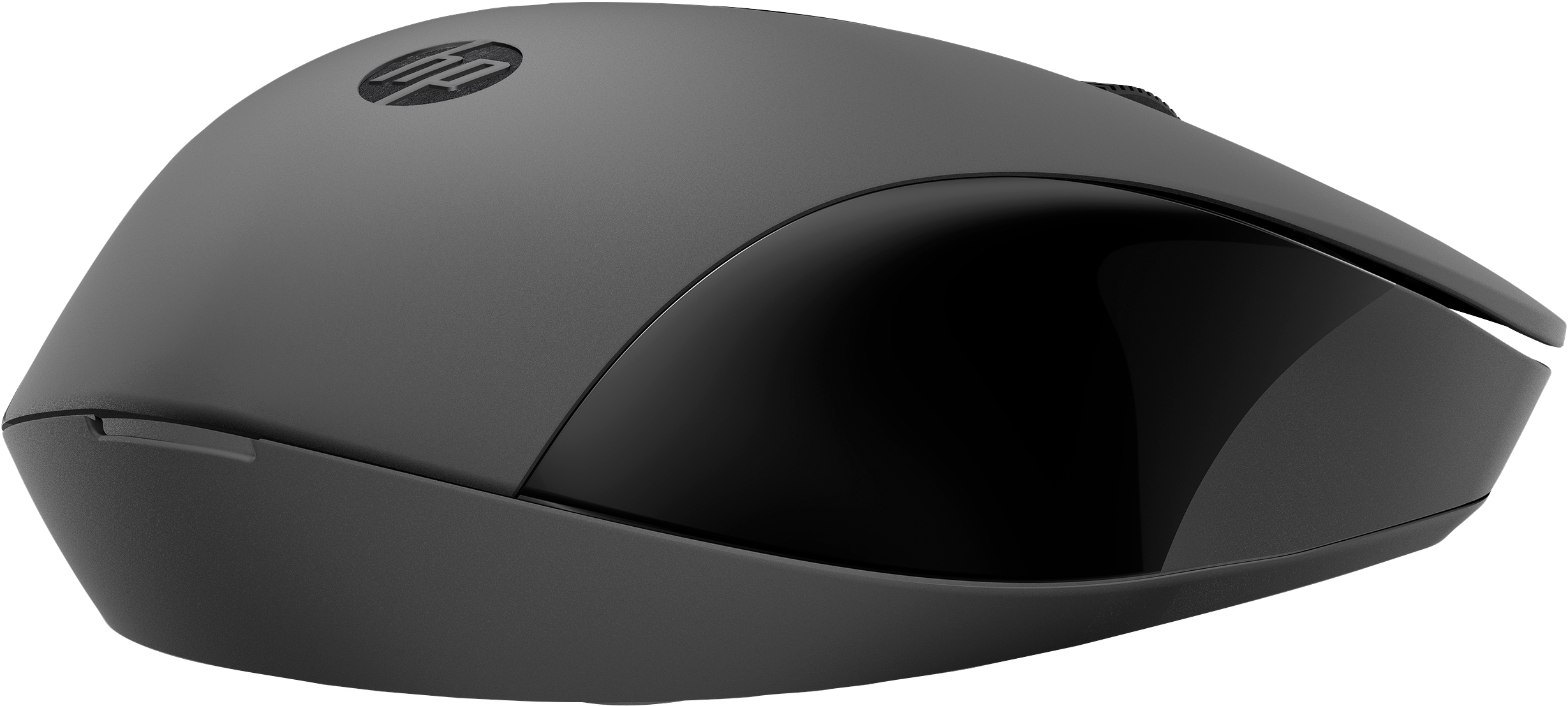 Ratón de ordenador negro y gris. Tiene un diseño ergonómico y el logotipo de HP.
