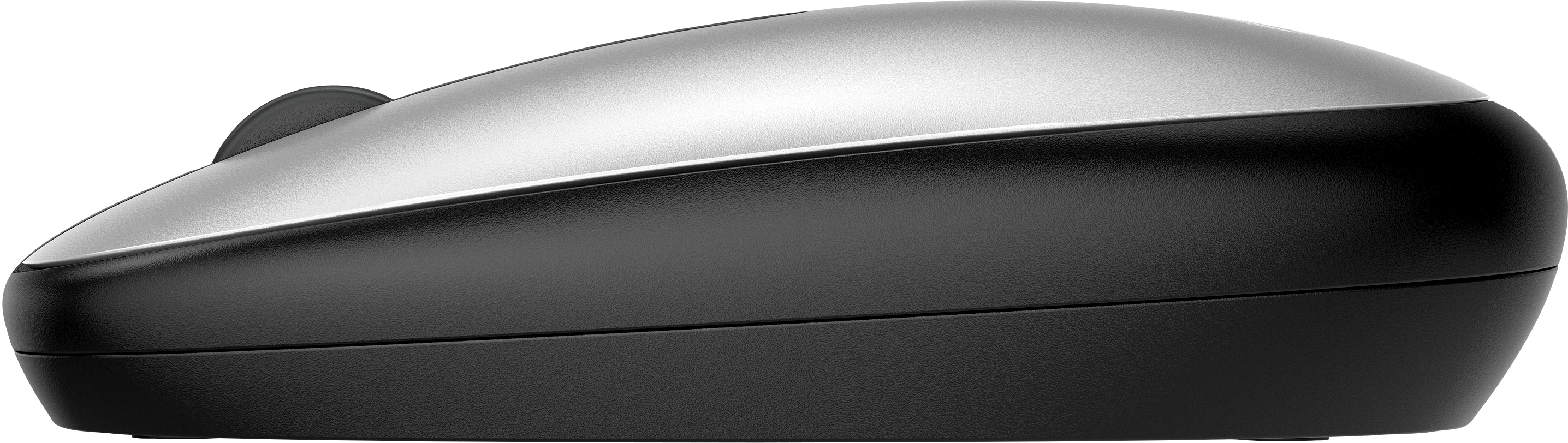 Ratón de ordenador plateado y negro, vista lateral. Diseño suave con una ligera curva.