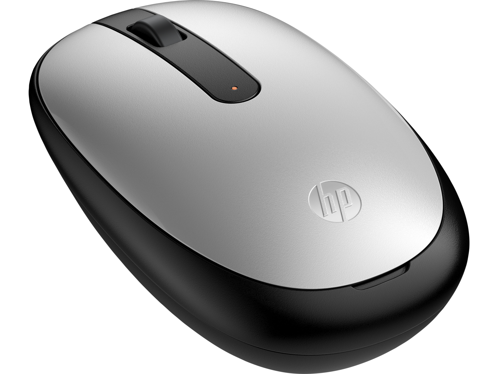 Ratón HP plateado y negro. La parte superior es plateada, la inferior y los lados negros.