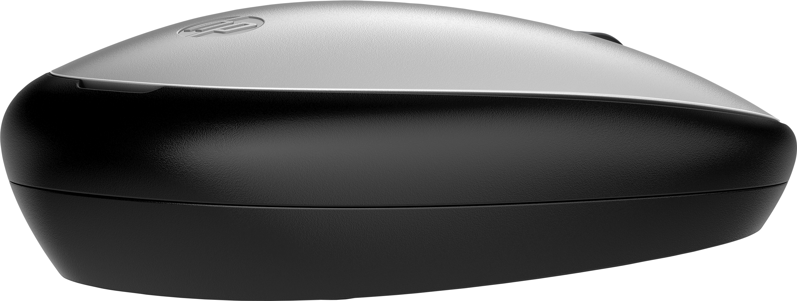 Un ratón HP gris y negro con un diseño curvo.