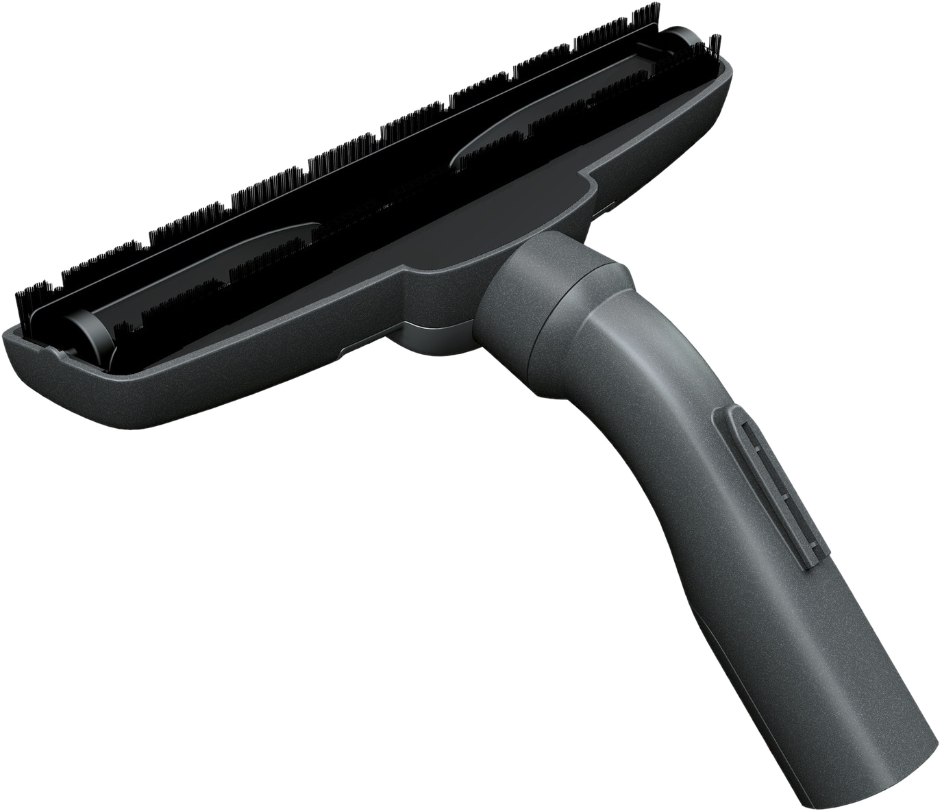 Accessoire de tête d'aspirateur noir, poignée inclinée, fond blanc.