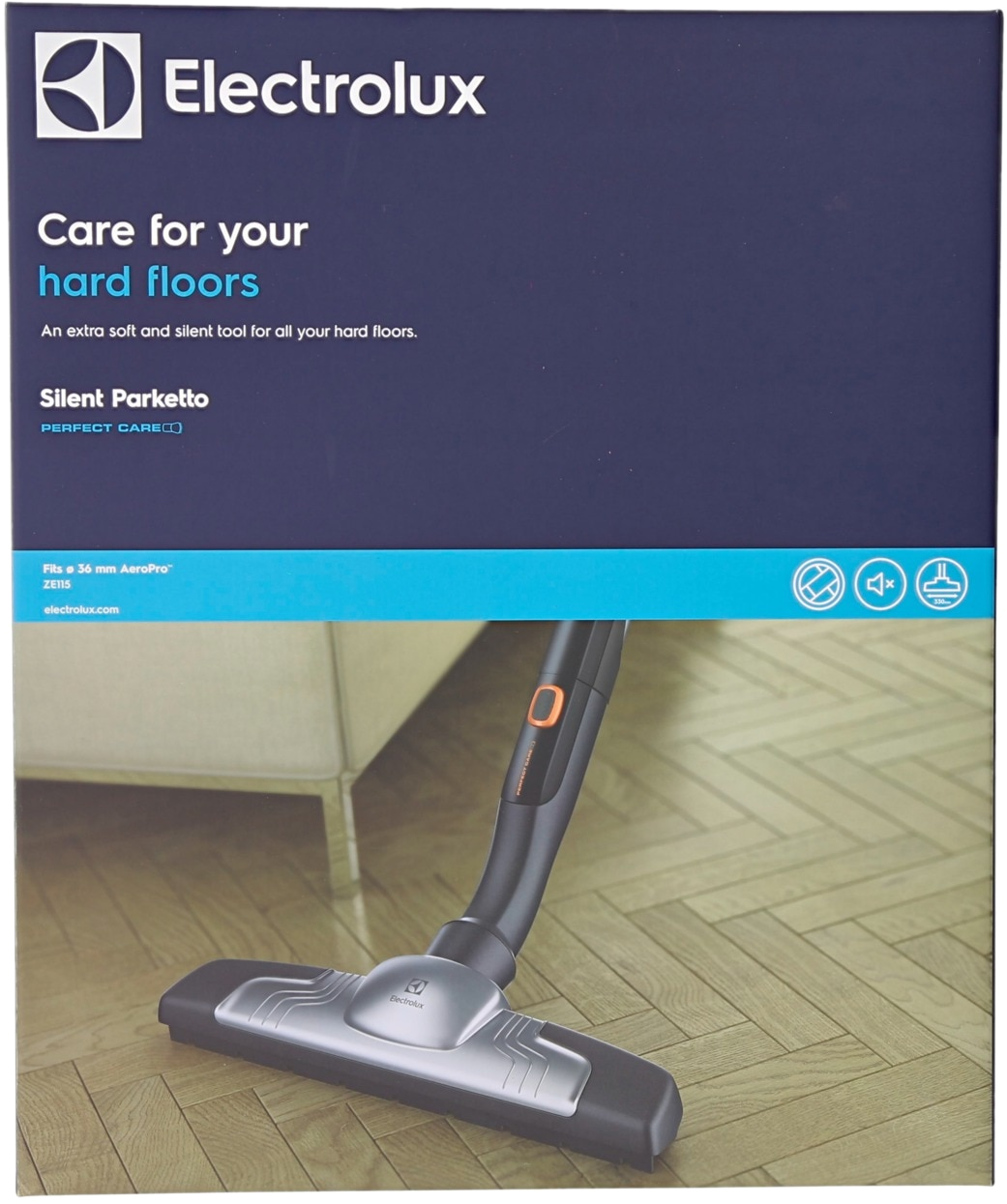 Boîte d'aspirateur Electrolux. Montre l'aspirateur et le texte sur l'entretien des sols durs.