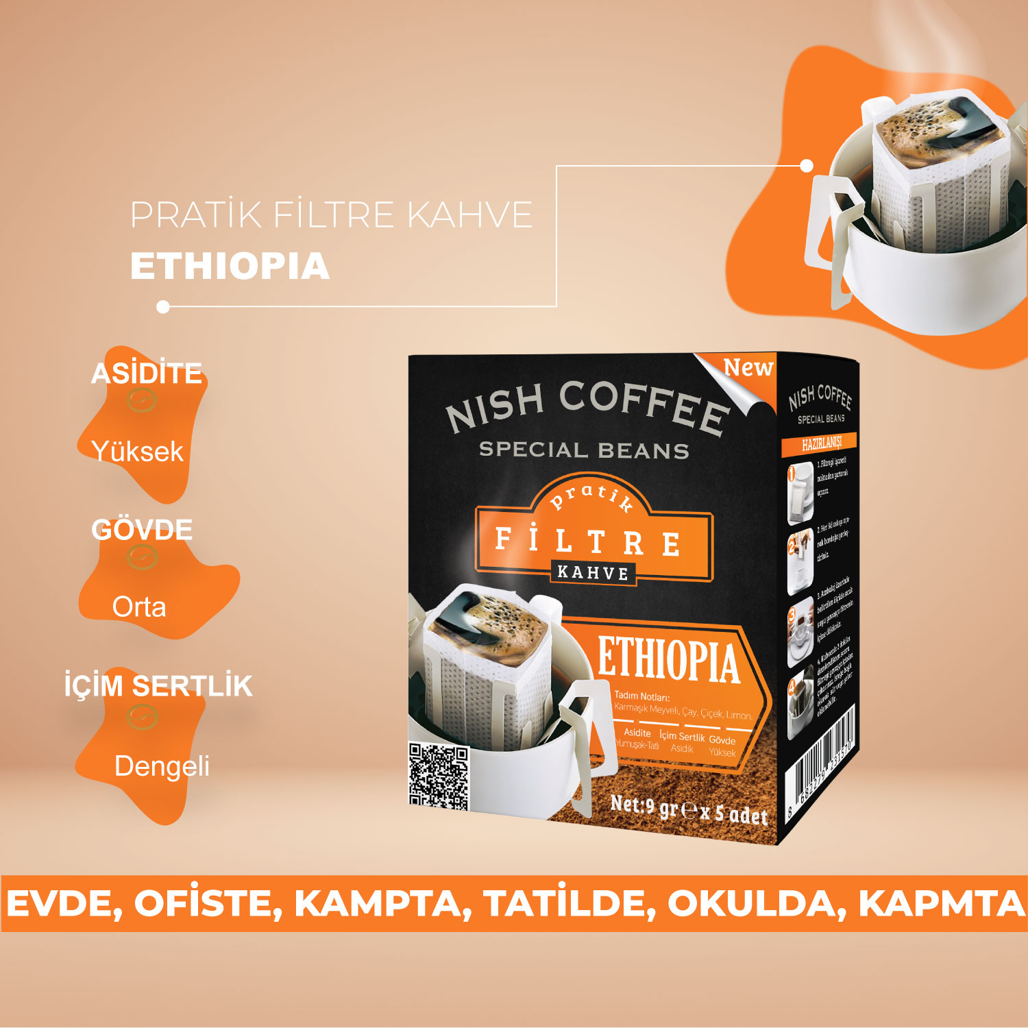 Filtreli kahve paketi, 'NISH COFFEE' metni ve kahve hakkında detaylar.