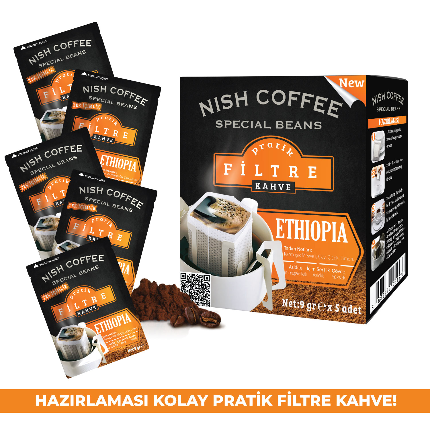 Kahve paketlemesi, çoklu poşetler ve kutu, kahve çekirdekleri ve hazırlama gösteriyor.