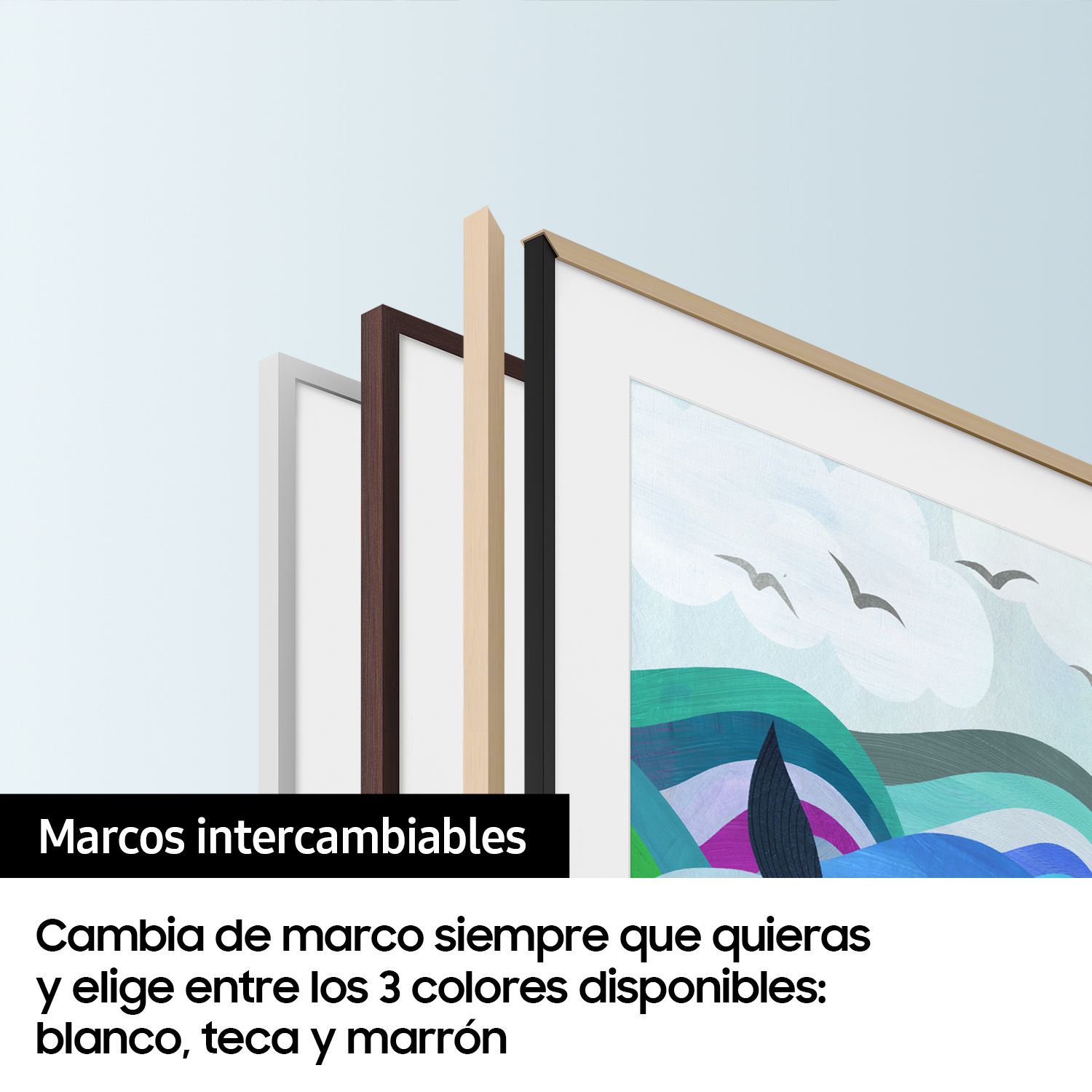 Tres marcos de TV intercambiables con diferentes colores: blanco, marrón y negro.