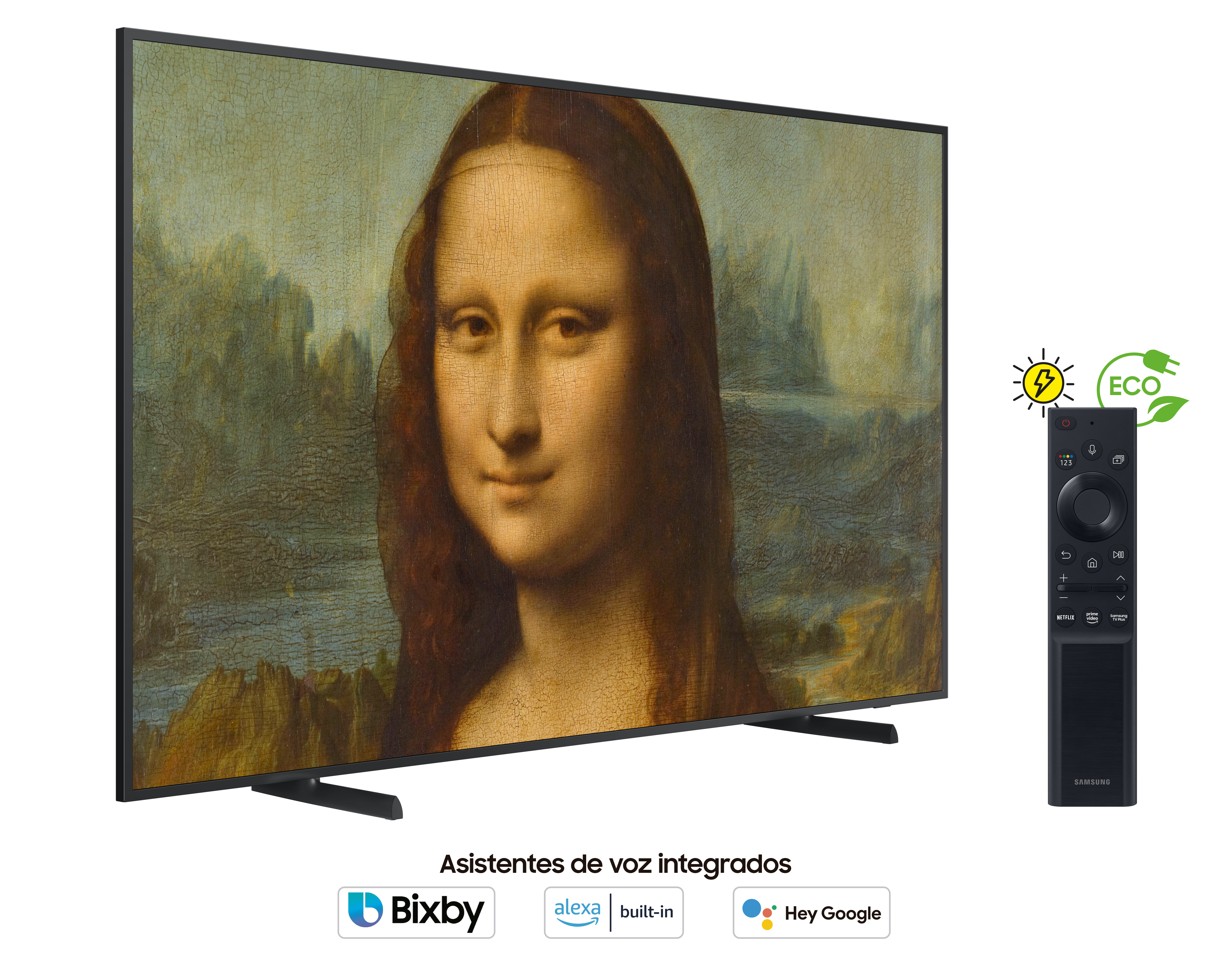 Pantalla de TV grande con la pintura de la Mona Lisa. Un mando a distancia está a la derecha.