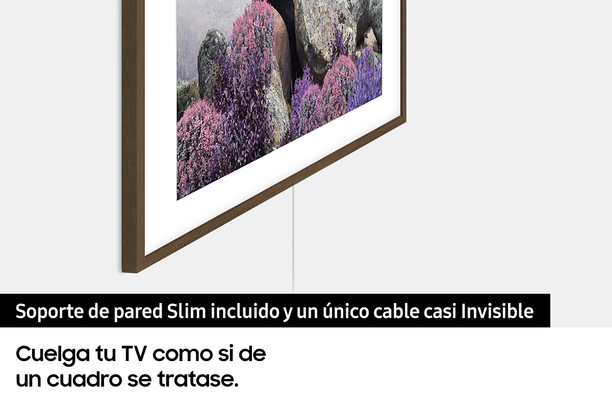 Una pantalla de TV montada en una pared con un diseño minimalista, que muestra una escena natural.
