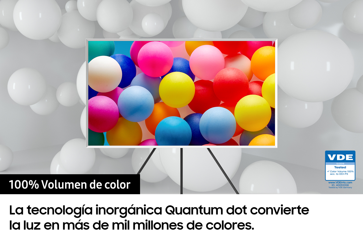 Pantalla de TV que muestra bolas coloridas, rodeadas de esferas blancas.