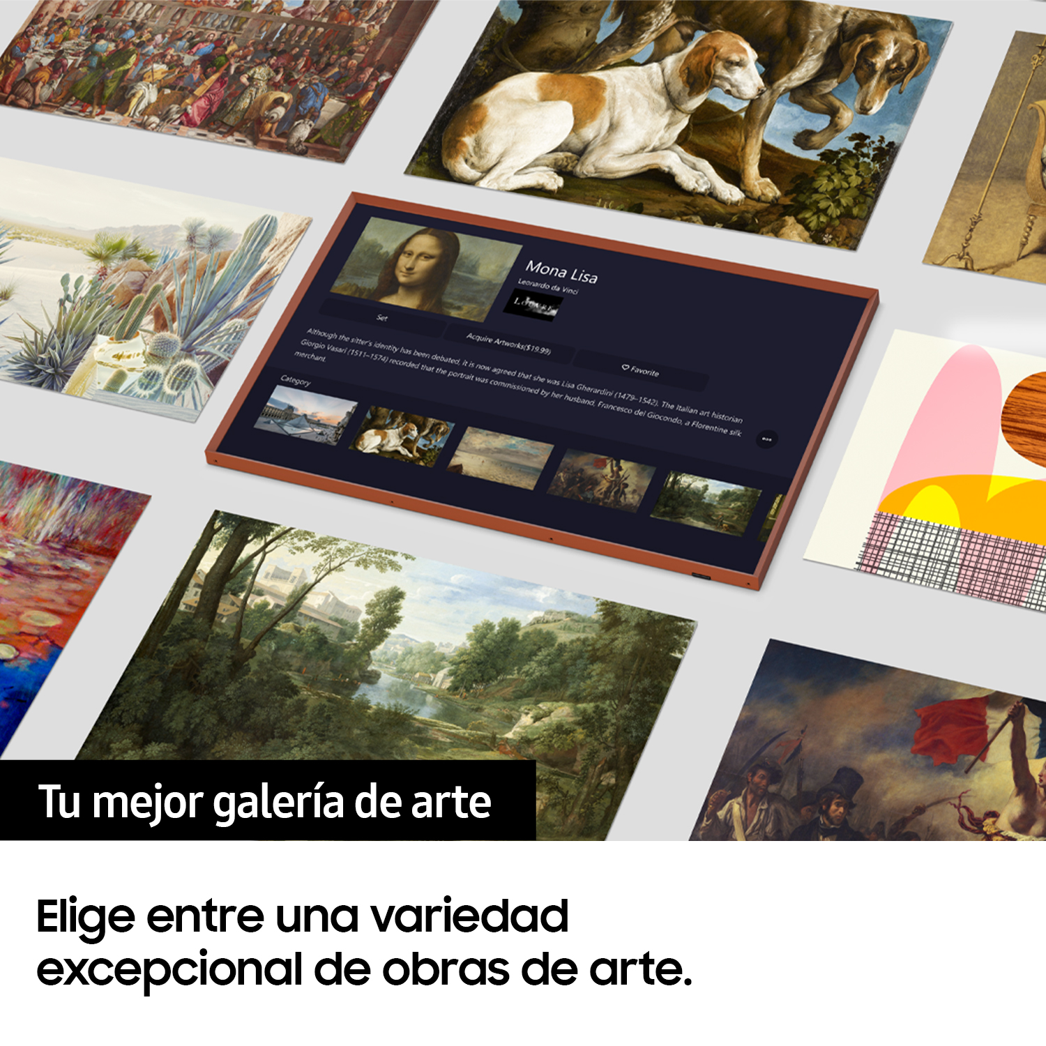 Una pantalla de TV muestra obras de arte. Se muestra el texto 'Tu mejor galería de arte' y una variedad de imágenes de arte.