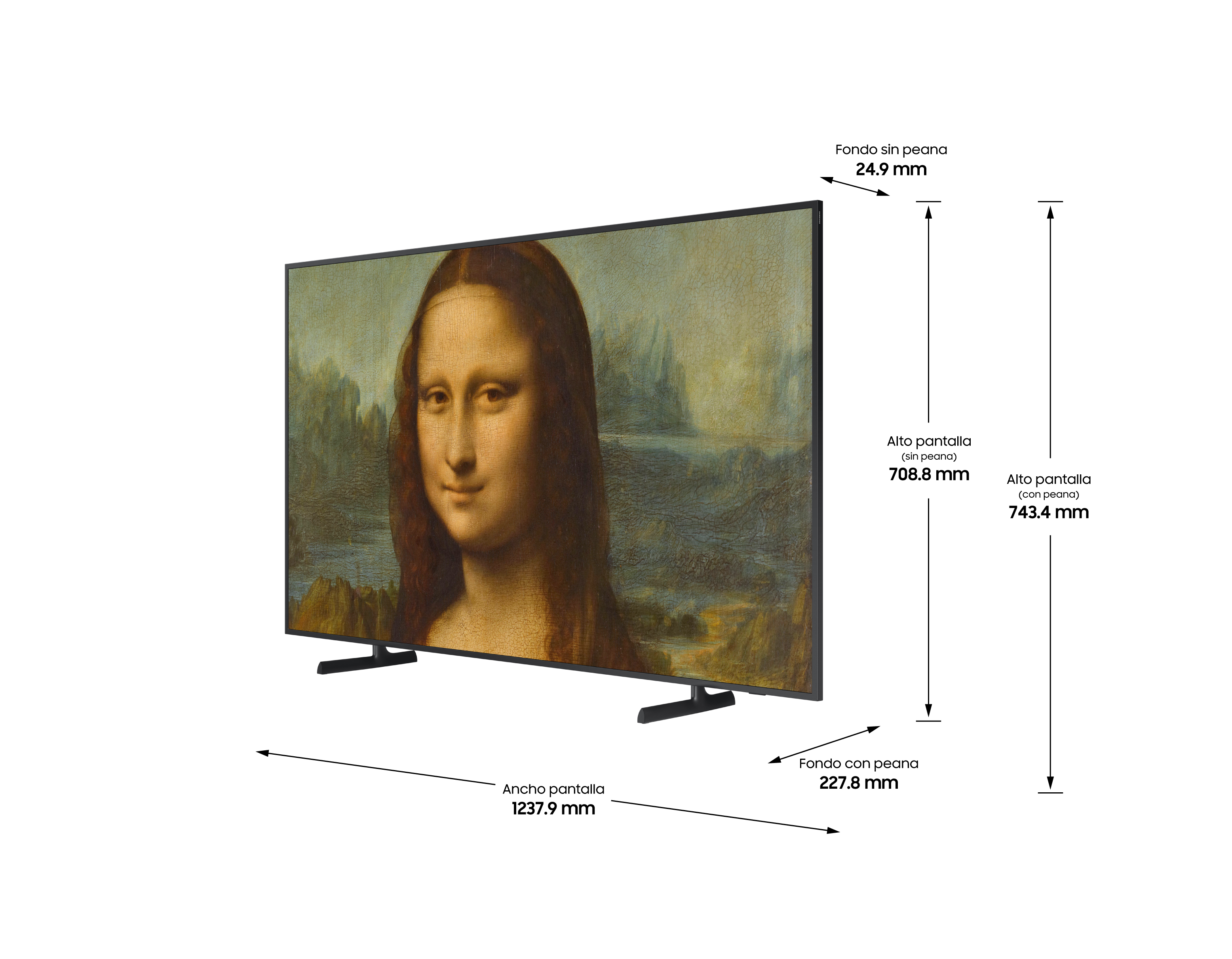 Un televisor grande muestra una pintura de la Mona Lisa. Las dimensiones están anotadas. Soporte negro.