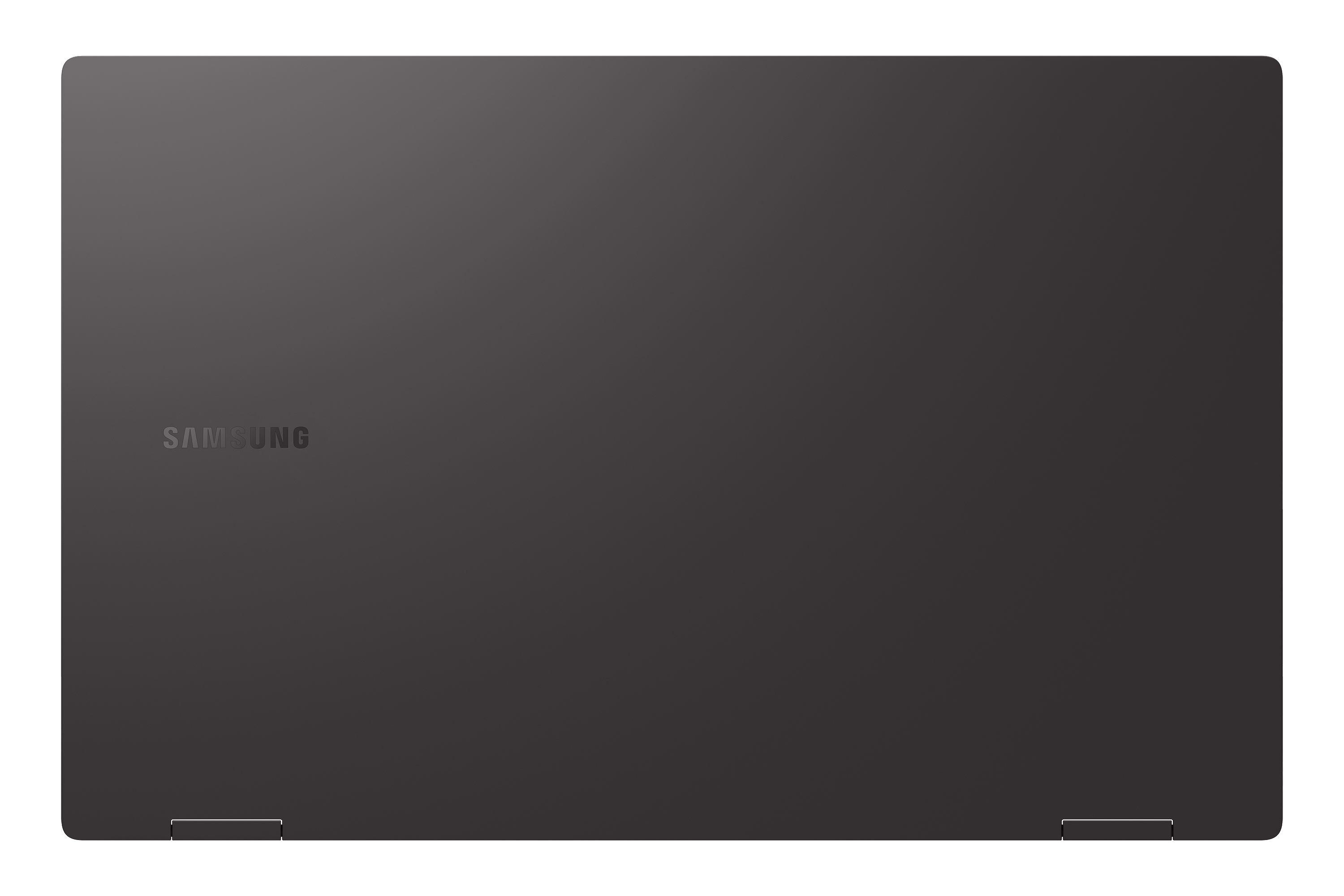 Geschlossener Laptop. Draufsicht auf einen dunkelgrauen Laptop mit SAMSUNG-Logo.