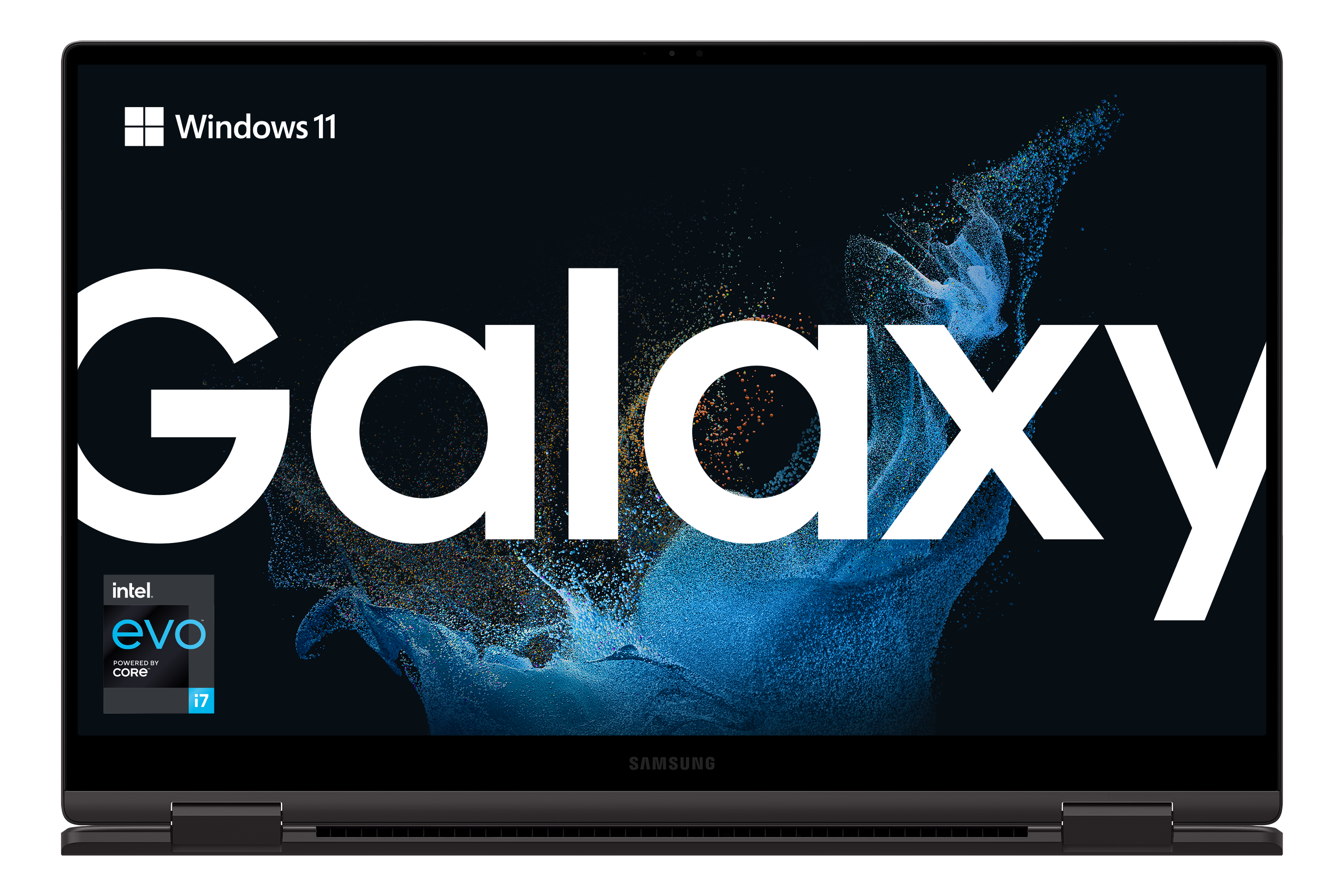 Samsung Galaxy Laptop-Bildschirm mit Galaxy-Logo, Windows 11 und Intel Evo.