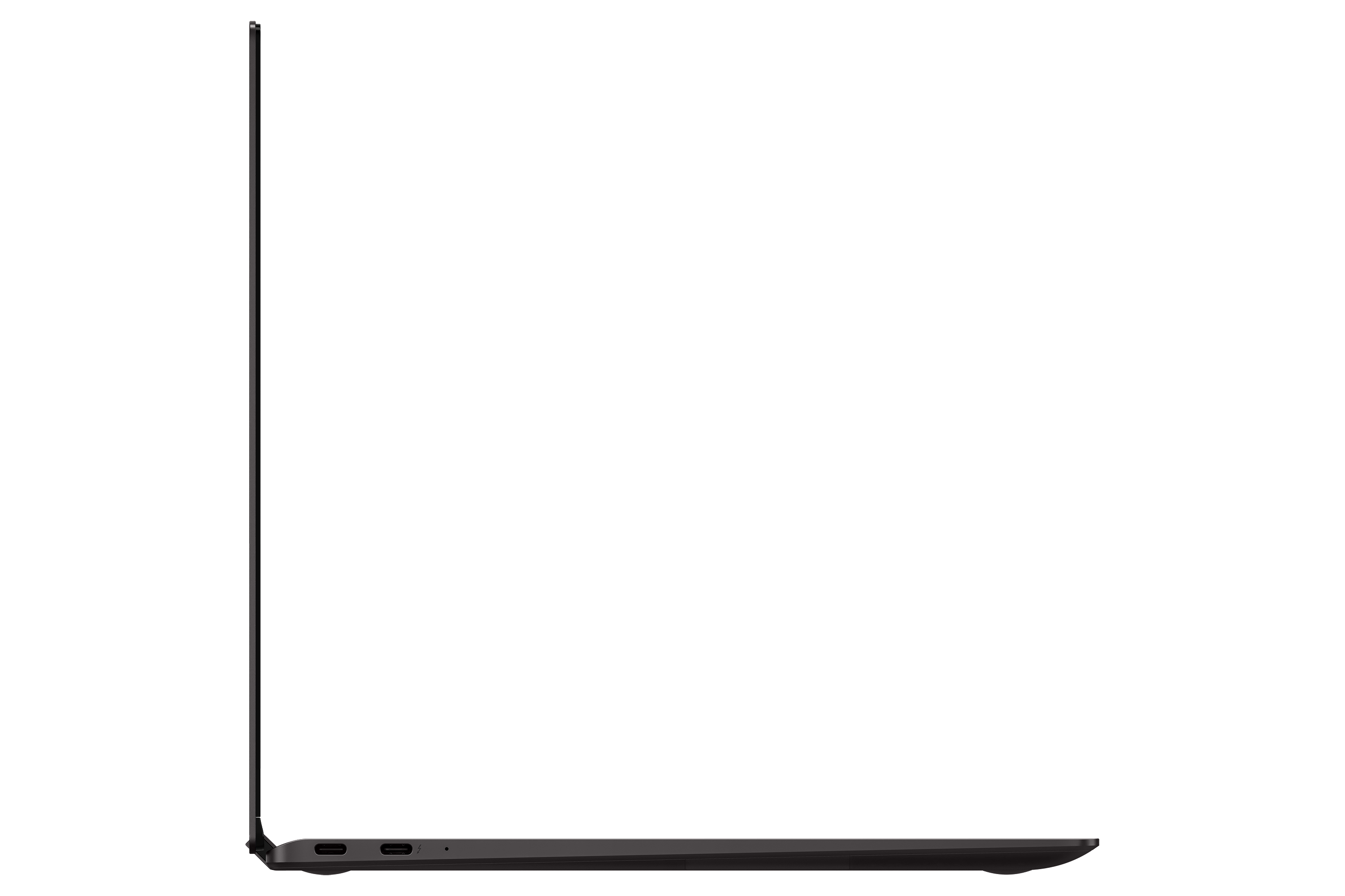 Seitenansicht eines schwarzen Laptops, mit schlichtem weißen Hintergrund.