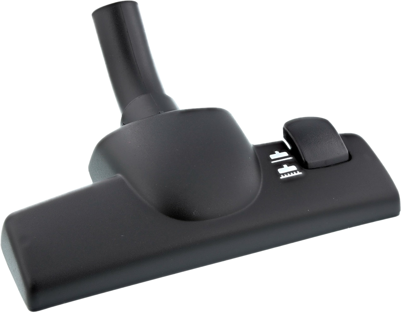 Tête d'aspirateur noire sur fond blanc, montrant la buse et les commandes de réglage.