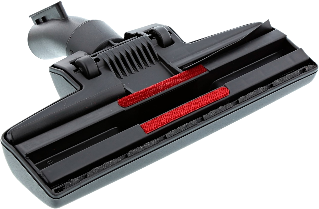 Tête d'aspirateur noire avec bandes rouges, sur fond blanc.