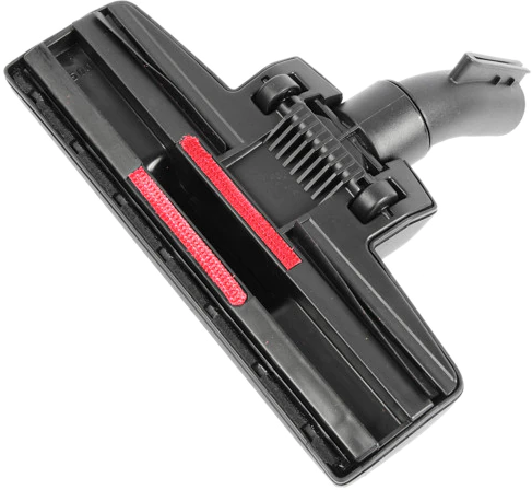Tête d'aspirateur noire avec bandes rouges, pour nettoyer sols et surfaces.