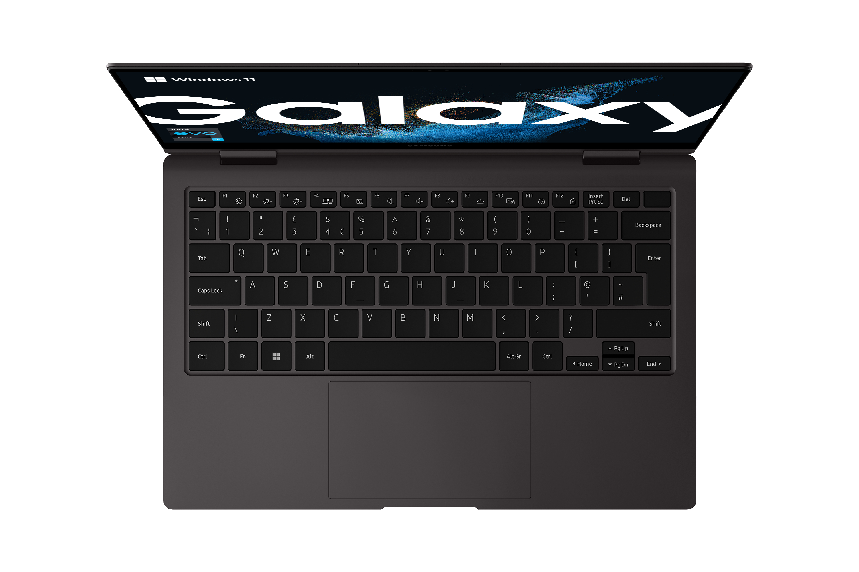 Laptop mit Tastatur, Mauspad und dem Wort „Galaxy“ auf dem Bildschirm.