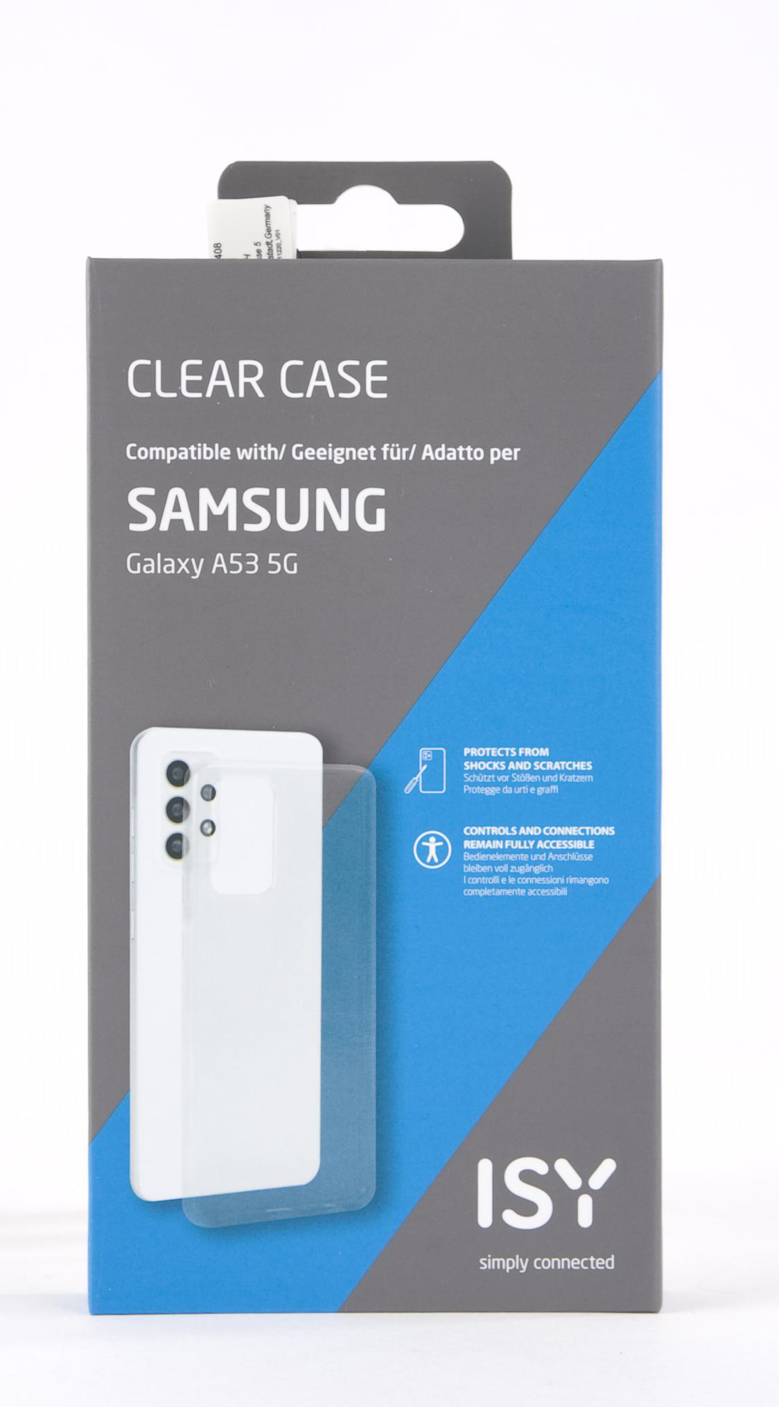 Transparente Hülle für Samsung Galaxy A53 5G. Die Hülle ist durch ein Fenster sichtbar.