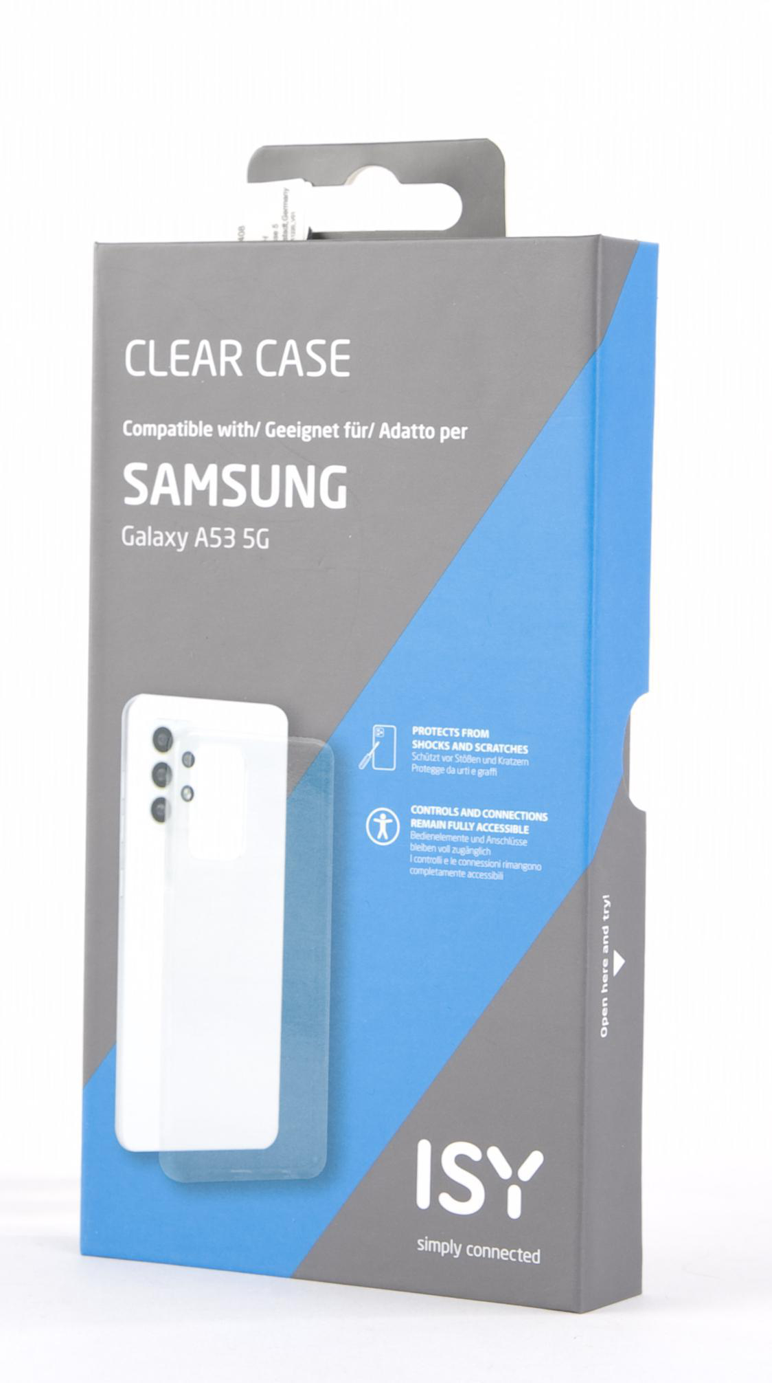 Telefonhüllenbox. Klare Hülle für Samsung Galaxy A53 5G. Die Box ist blau und weiß.
