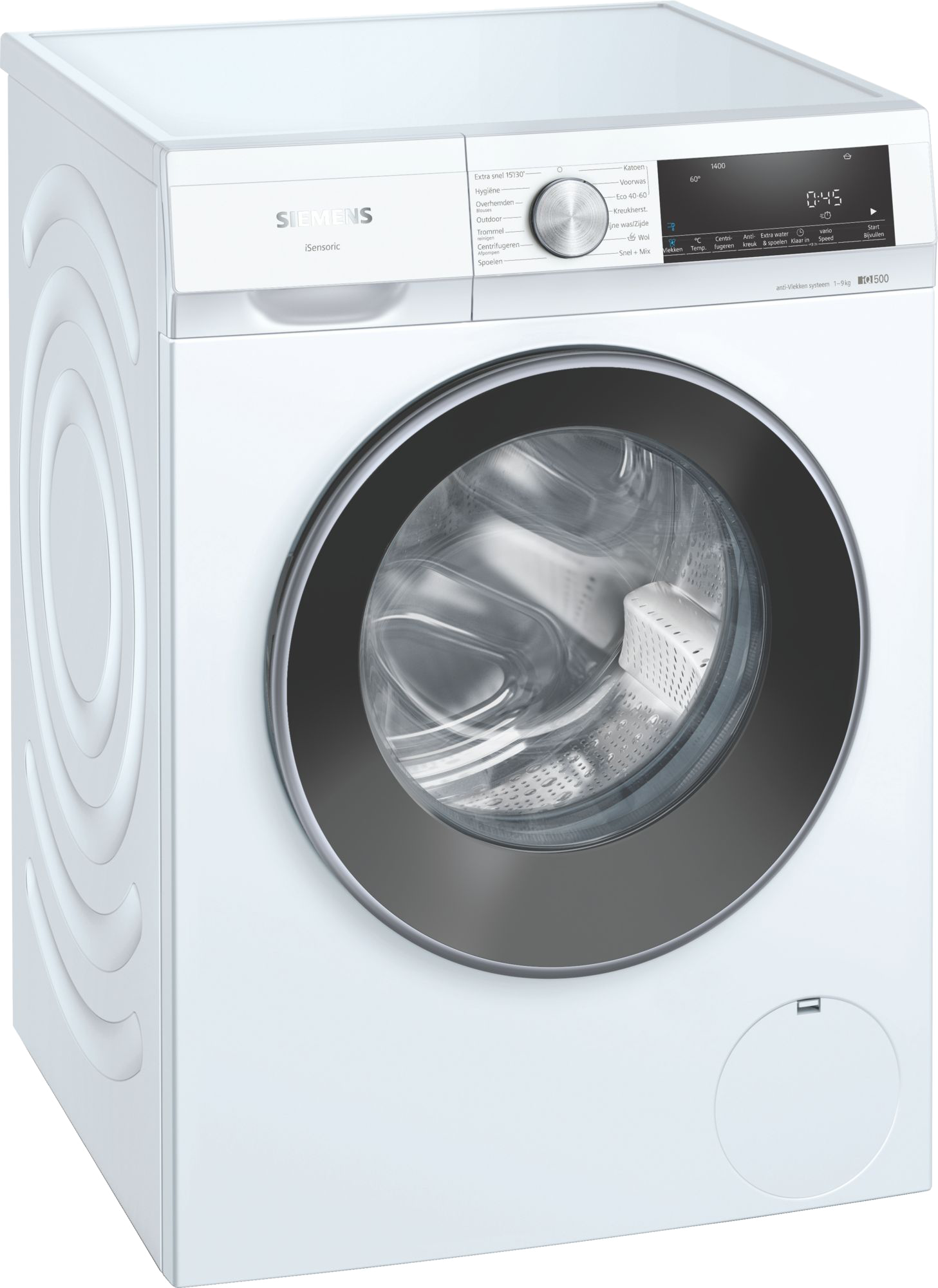 White Siemens washing machine with digital display and round door.