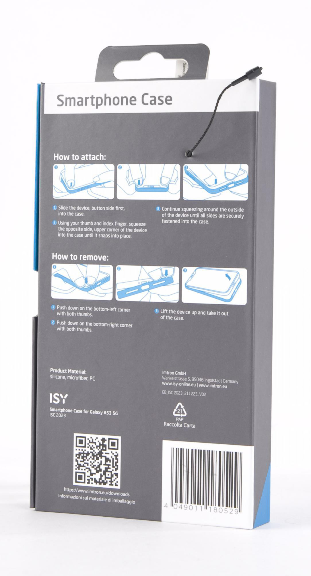 Smartphone-Hüllenverpackung, Anweisungen und QR-Code, weißer Hintergrund.