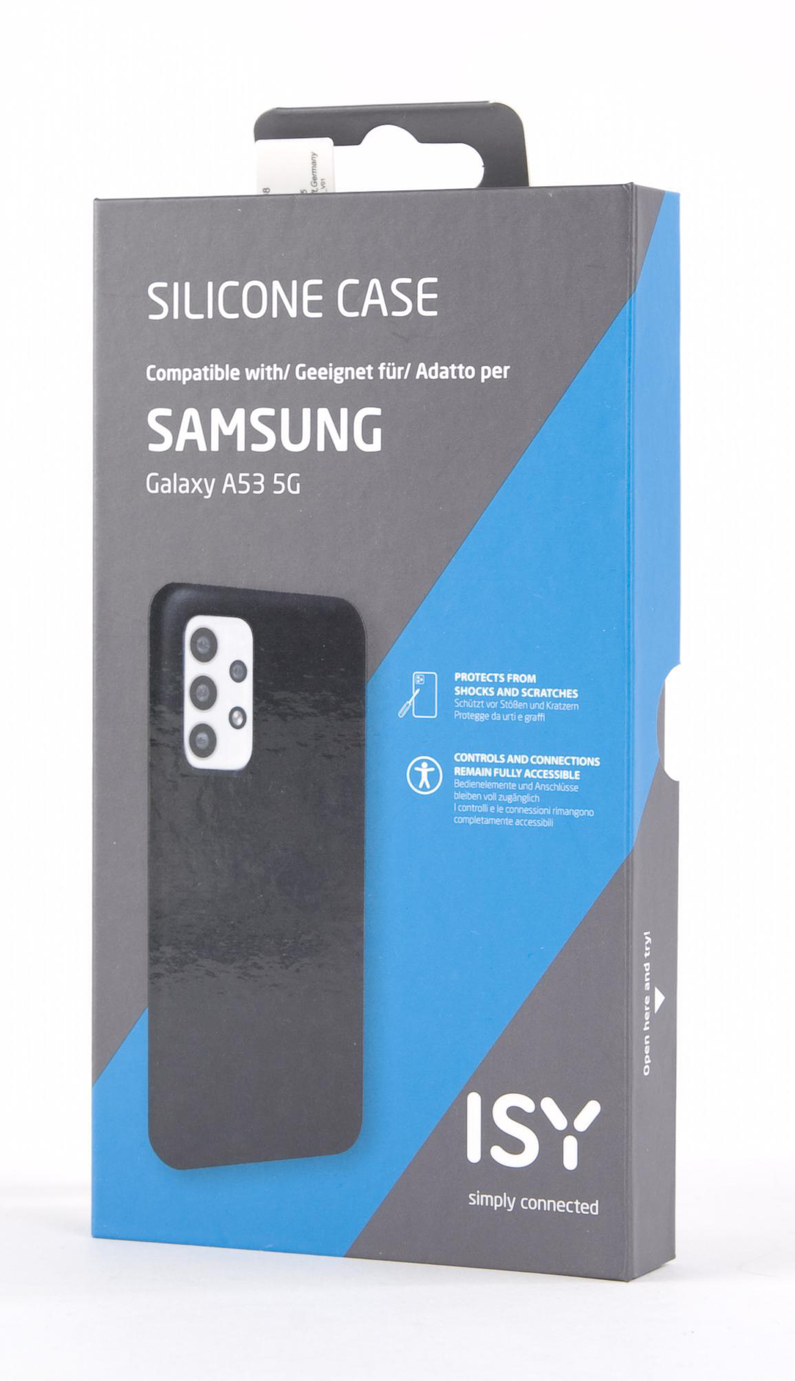 Eine schwarze Silikon-Handyhülle-Box für ein Samsung Galaxy A53 5G-Telefon.