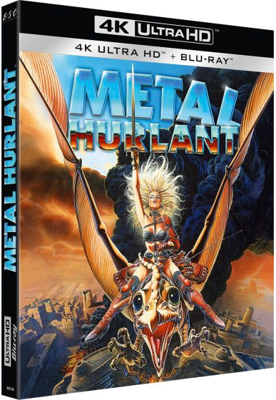 Couverture Metal Hurlant 4K Ultra HD Blu-ray, femme chevauchant une créature ailée, art fantastique.