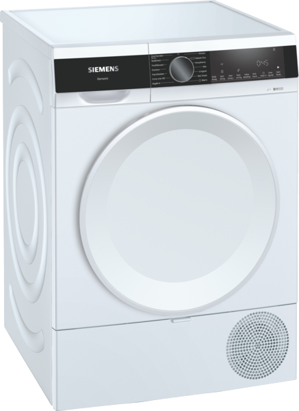 Een witte Siemens iQ500 droger. Hij heeft een ronde deur, een bedieningspaneel en een voet.