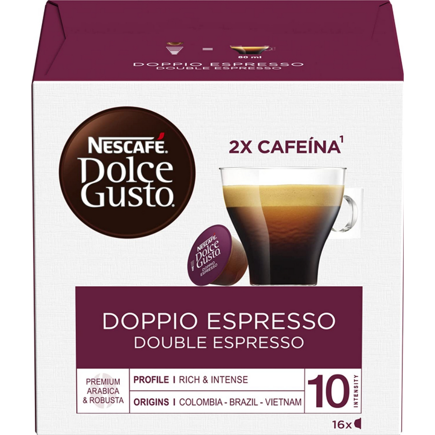 Una caja de cápsulas de café Nescafé Dolce Gusto, con una taza de café. La caja es morada y blanca.
