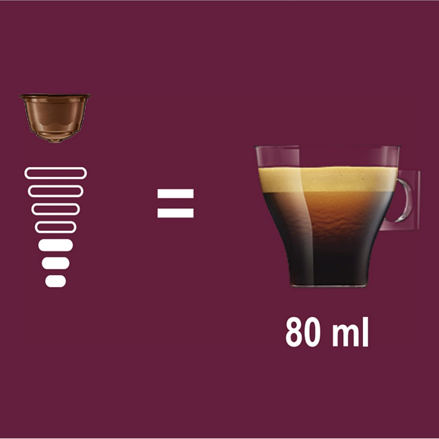 Cápsula de café junto a una taza de café con 80 ml de espresso.