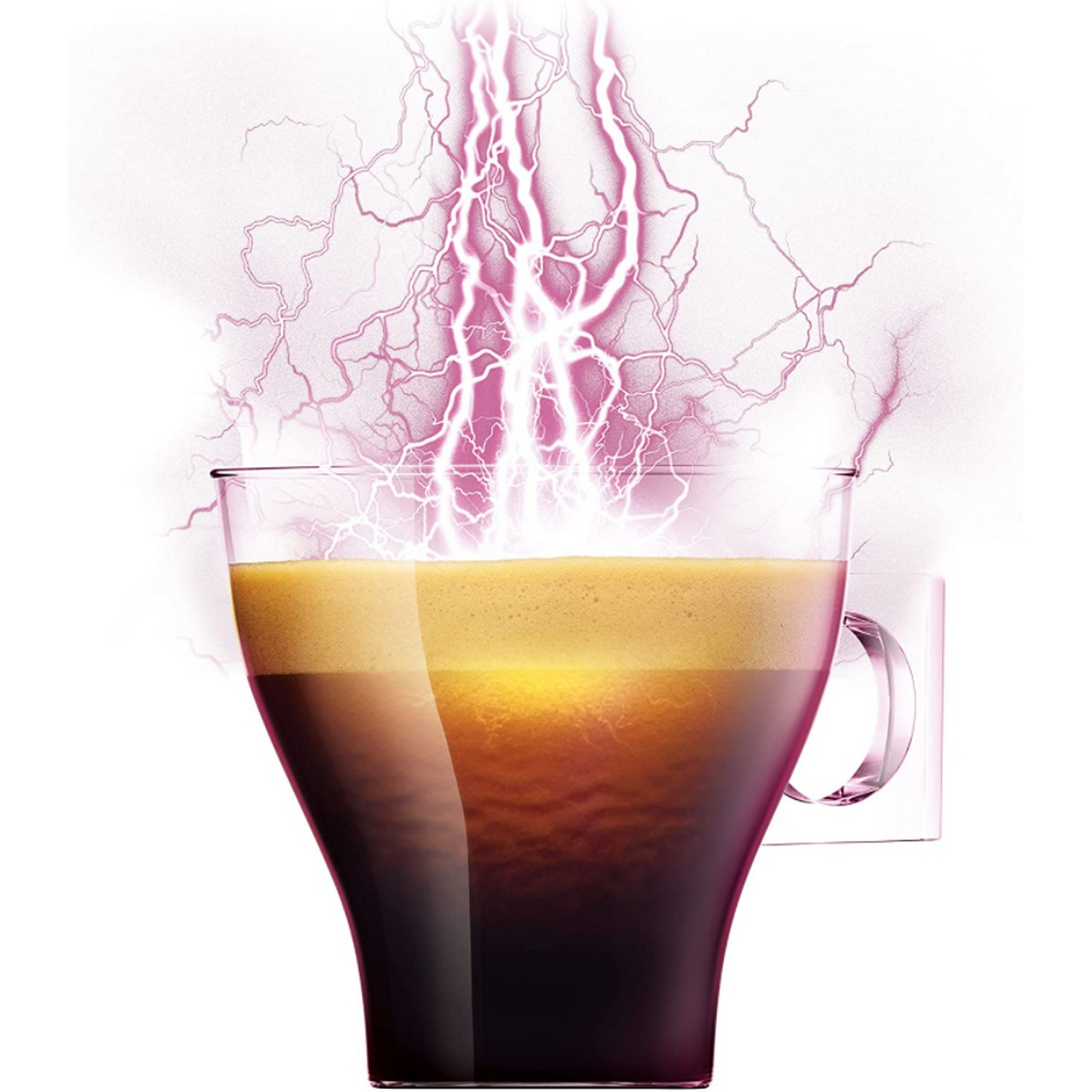 Café en un vaso transparente, con rayos encima.
