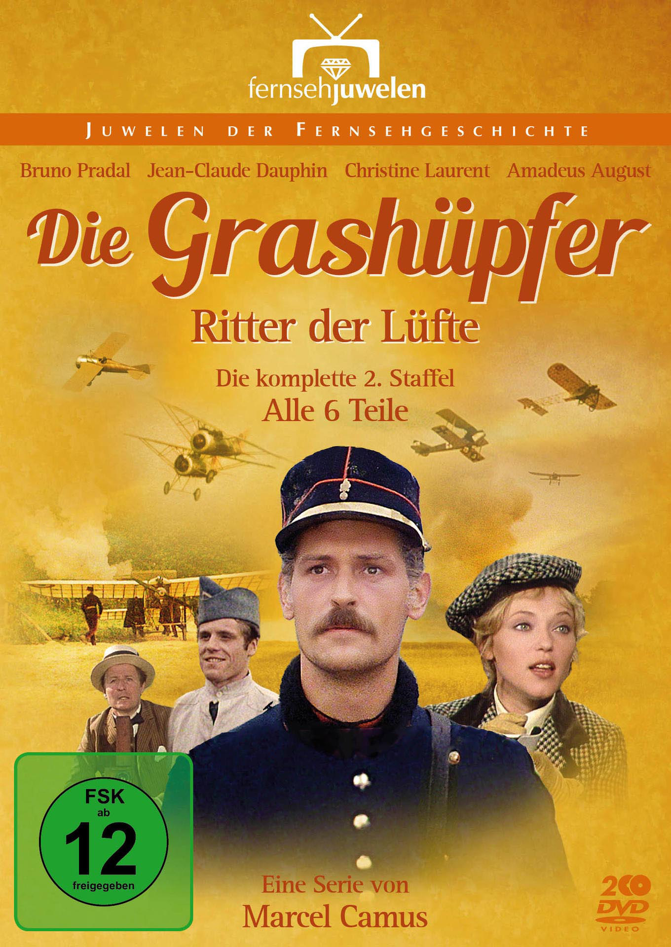 DVD-Cover. Männer vor Doppeldeckerflugzeugen. Text: Die Grashüpfer.