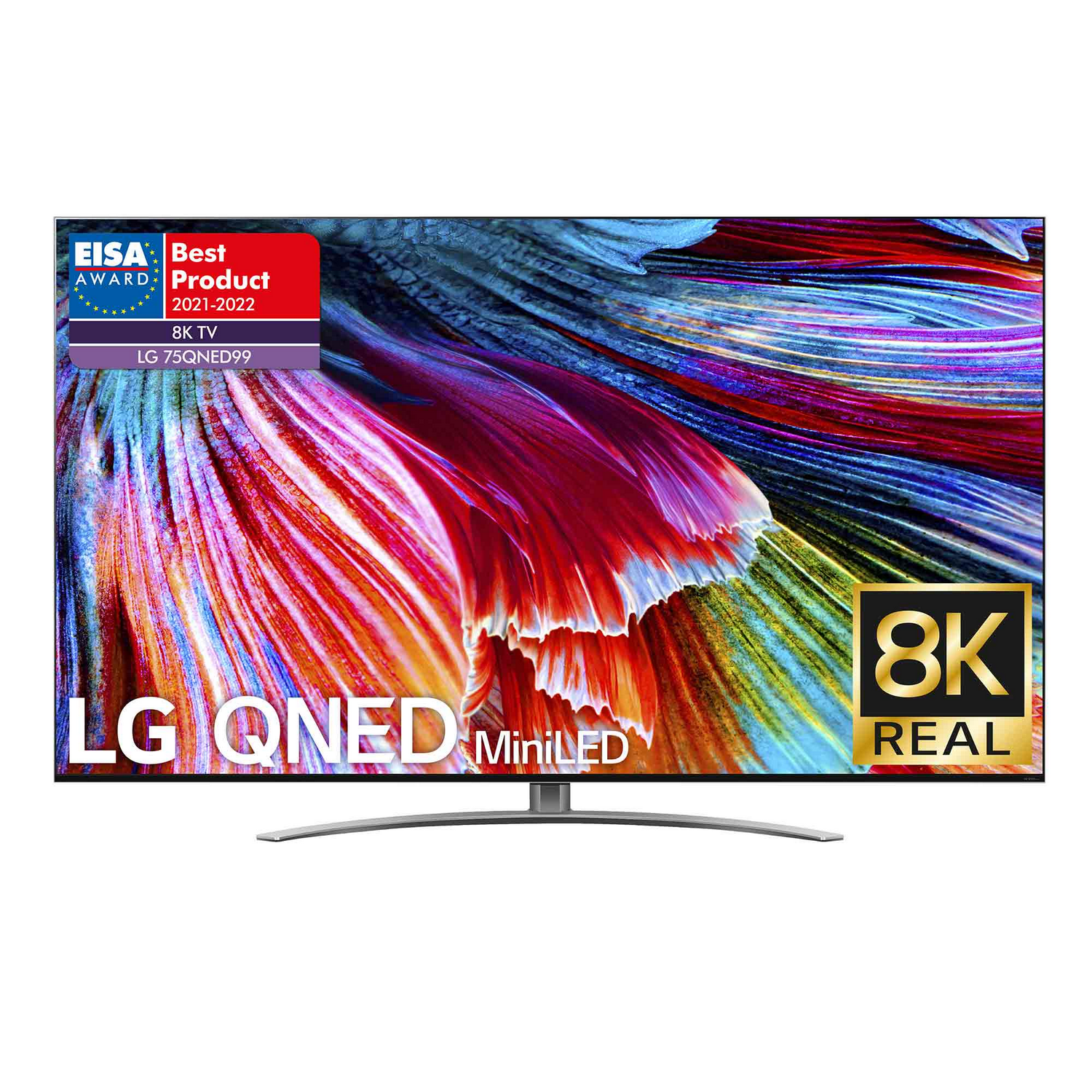 Una pantalla de TV muestra una pantalla colorida con texto y logotipos. El televisor está etiquetado como LG QNED MiniLED.
