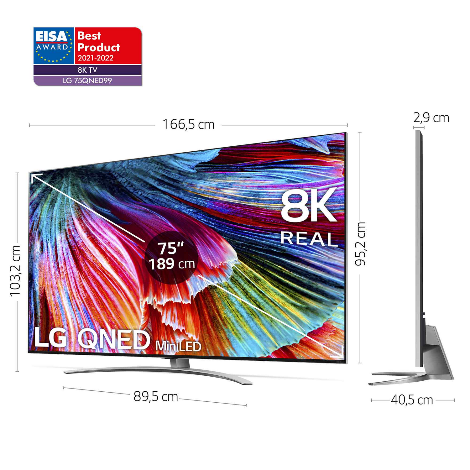 Televisor grande con pantalla colorida y dimensiones. Tiene base curva y bisel.
