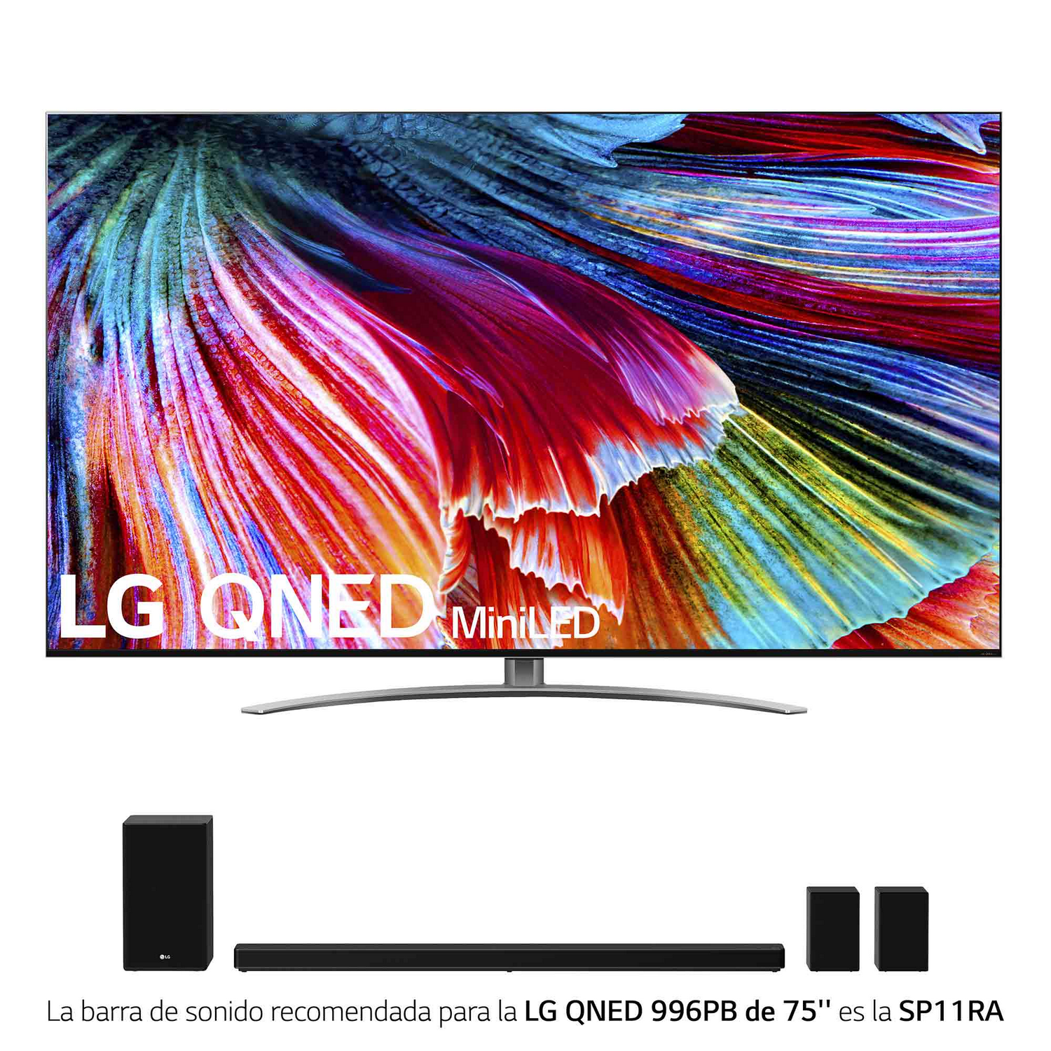 TV LG QNED MiniLED con barra de sonido y dos altavoces, con texto en la parte inferior.