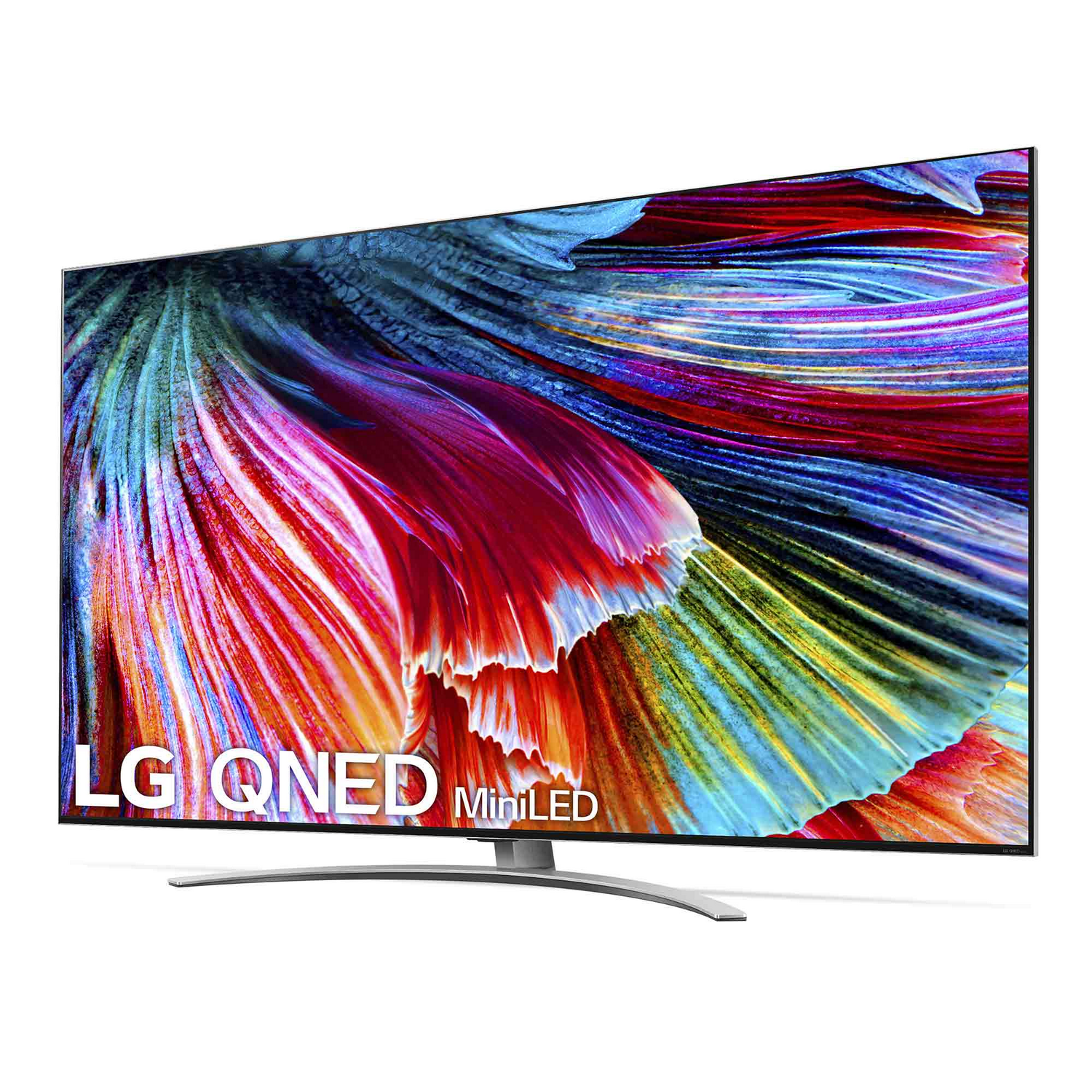 TV grande, base curva, mostrando arte abstracta colorida. Logo LG QNED MiniLED visible.